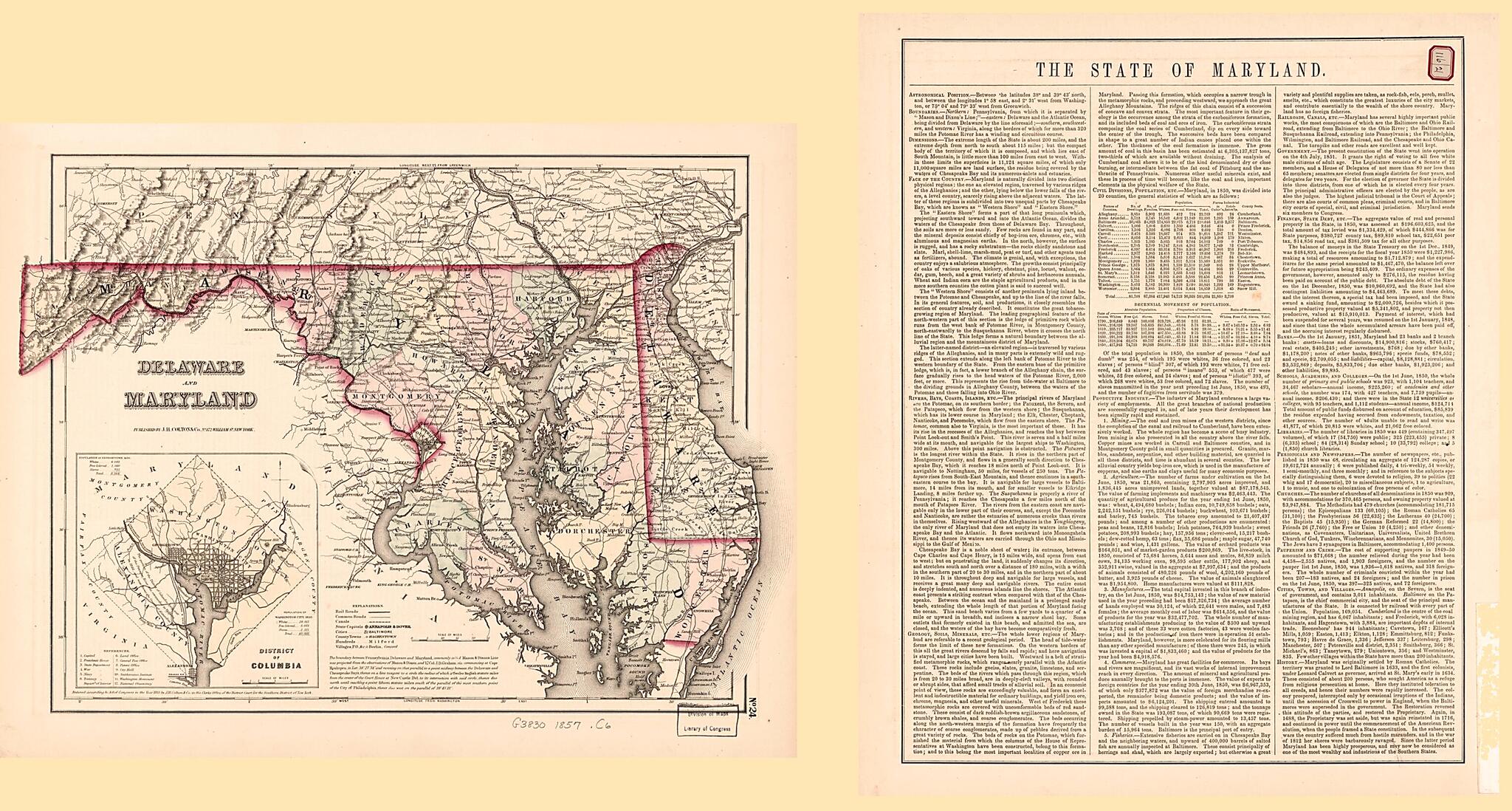 This old map of Delaware and Maryland from 1857 was created by  J.H. Colton &amp; Co in 1857