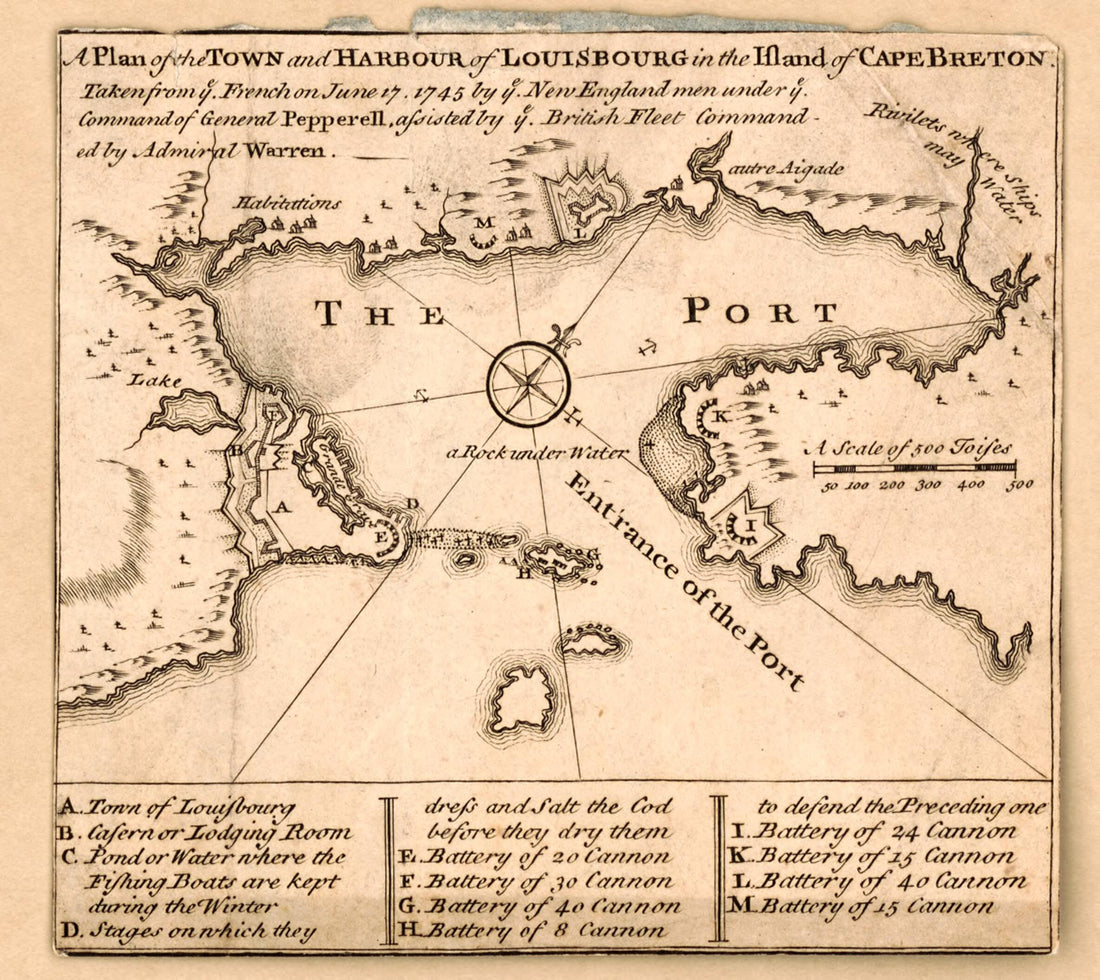 This old map of A Plan of the Town and Harbour of Louisbourg In the Island of Cape Breton : Taken from Ye French On June 17 1745 by Ye New England Men Under Ye Command of General Pepperell, Assisted by Ye British Fleet Commanded by Admiral Warren from 17