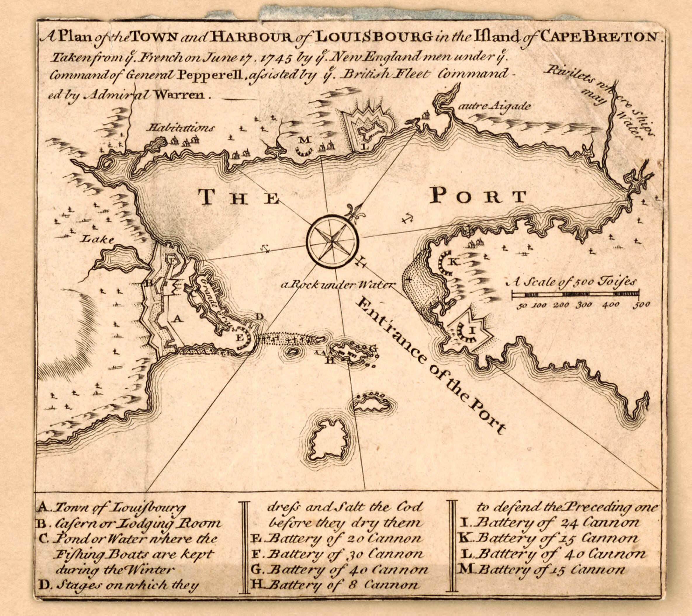 This old map of A Plan of the Town and Harbour of Louisbourg In the Island of Cape Breton : Taken from Ye French On June 17 1745 by Ye New England Men Under Ye Command of General Pepperell, Assisted by Ye British Fleet Commanded by Admiral Warren from 17