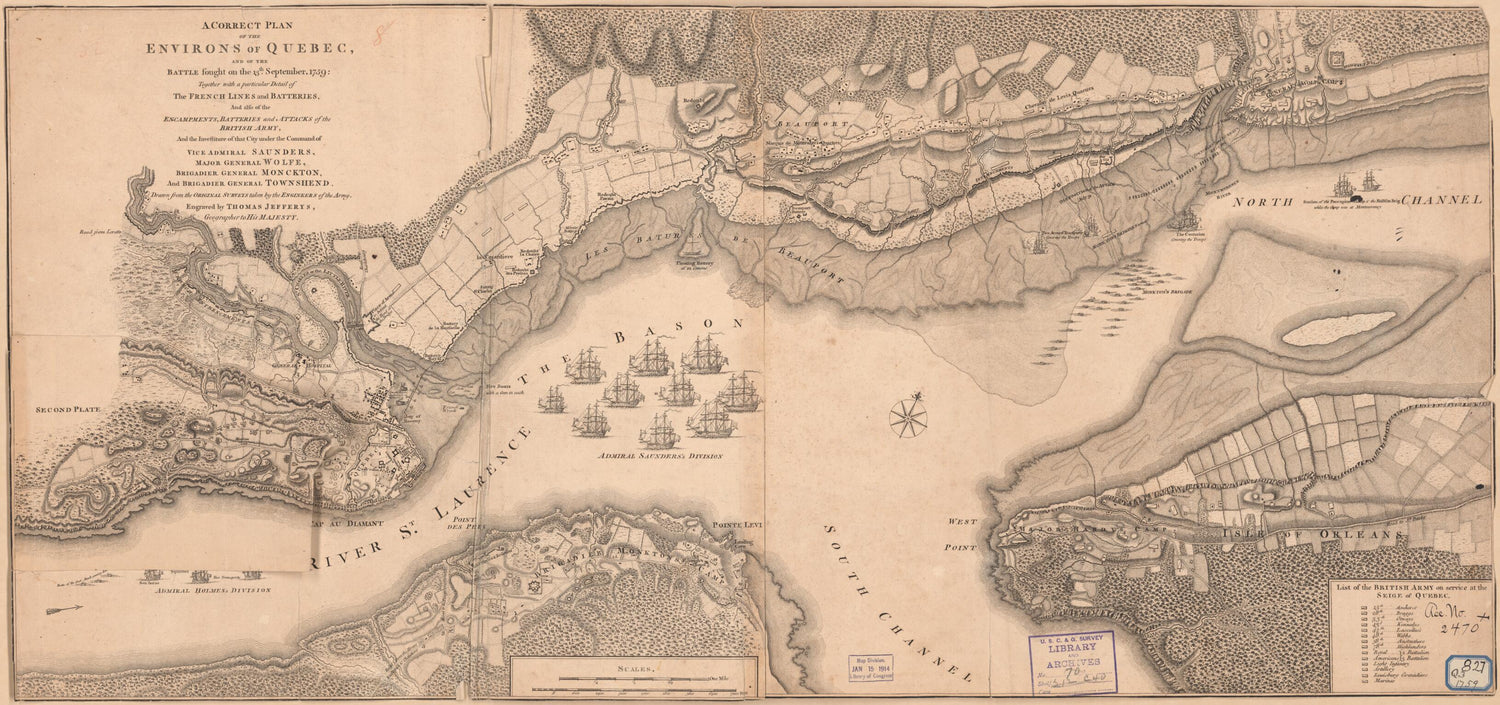 This old map of A Correct Plan of the Environs of Quebec, and of the Battle Fought On the 13th September, 1759 : Together With a Particular Detail of the French Lines and Batteries, and Also of the Encampments, Batteries and Attacks of the British Army, 