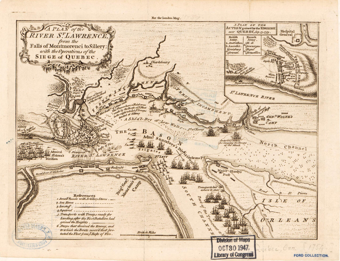This old map of A Plan of the River St. Lawrence from the Falls of Montmorenci to Sillery, With the Operations of the Siege of Quebec from 1759 was created by  in 1759