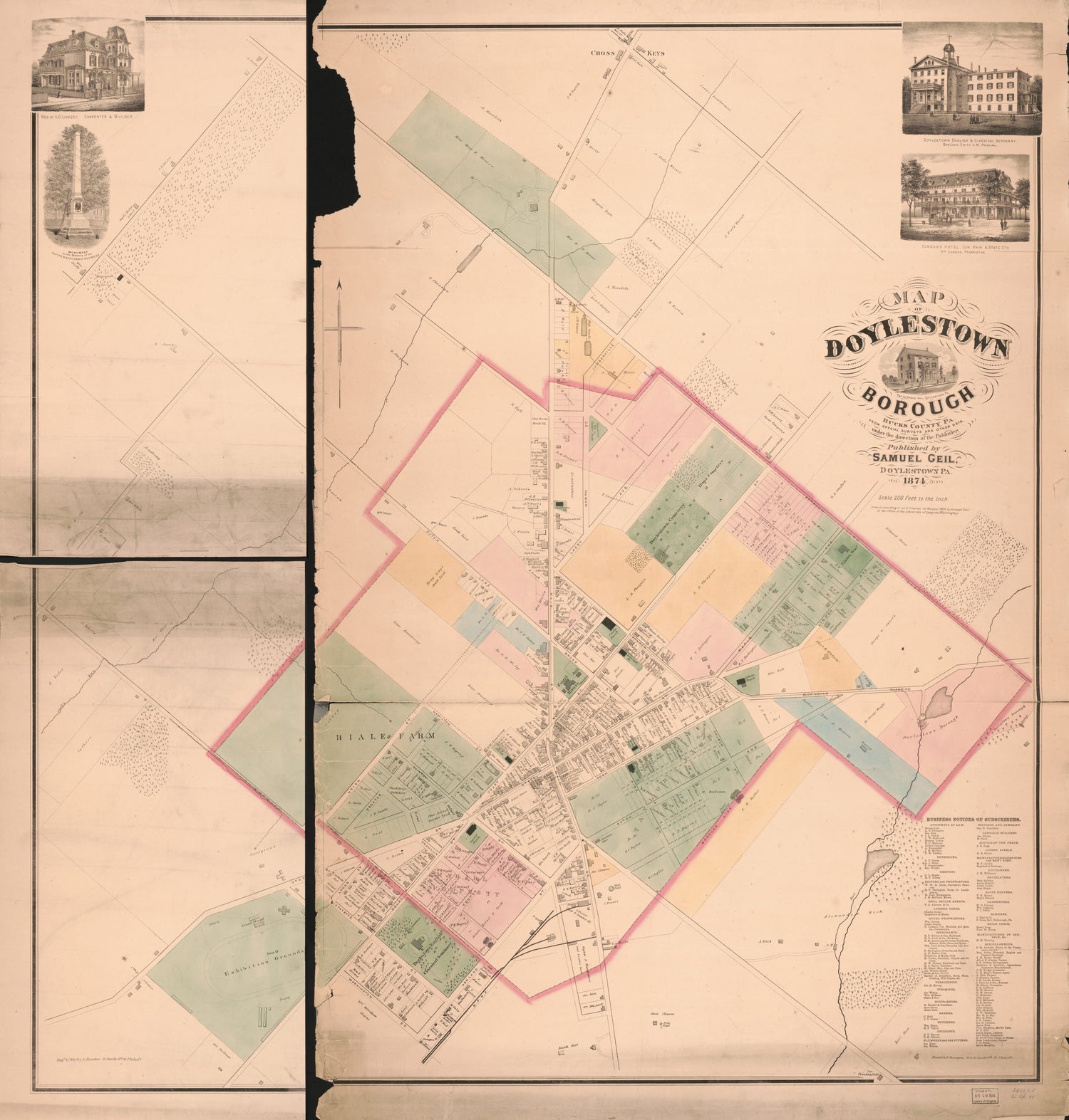 This old map of Map of Doylestown Borough, Bucks County Pennsylvania : from Special Surveys and Other Data, Under the Direction of the Publisher from 1874 was created by F. (Frederick) Bourquin, Samuel Geil,  Worley &amp; Bracher in 1874