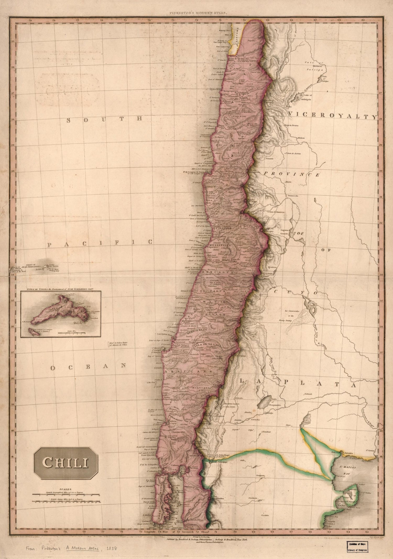 This old map of Chile from 1818 was created by  Bradford and Inskeep, L. Hebert,  Inskeep and Bradford, Samuel John Neele, John Pinkerton in 1818