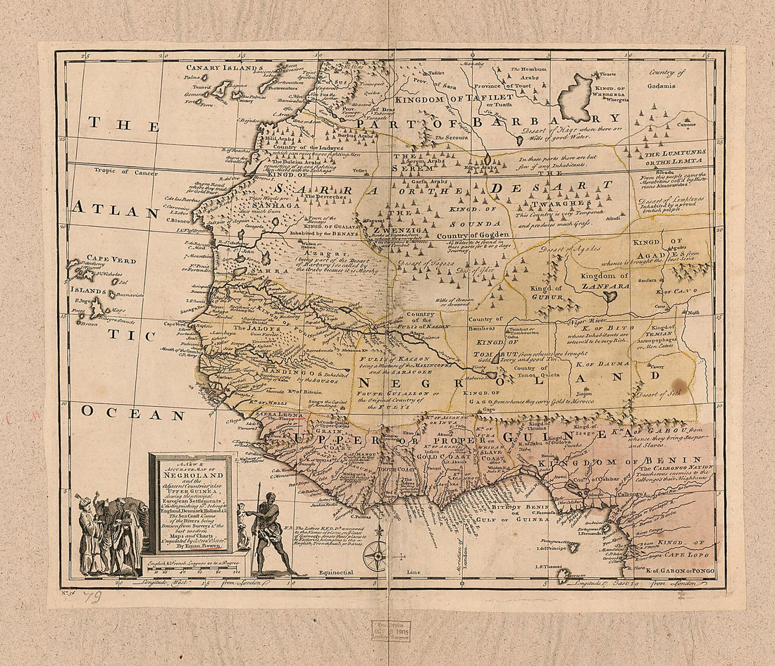 This old map of A New & Accurate Map of Negroland and the Adjacent Countries : Also Upper Guinea, Showing the Principle European Settlements & Distinguishing Wch. Belong to England, Denmark, Holland & C : the Sea of the Rivers Being Drawn from Surveys &