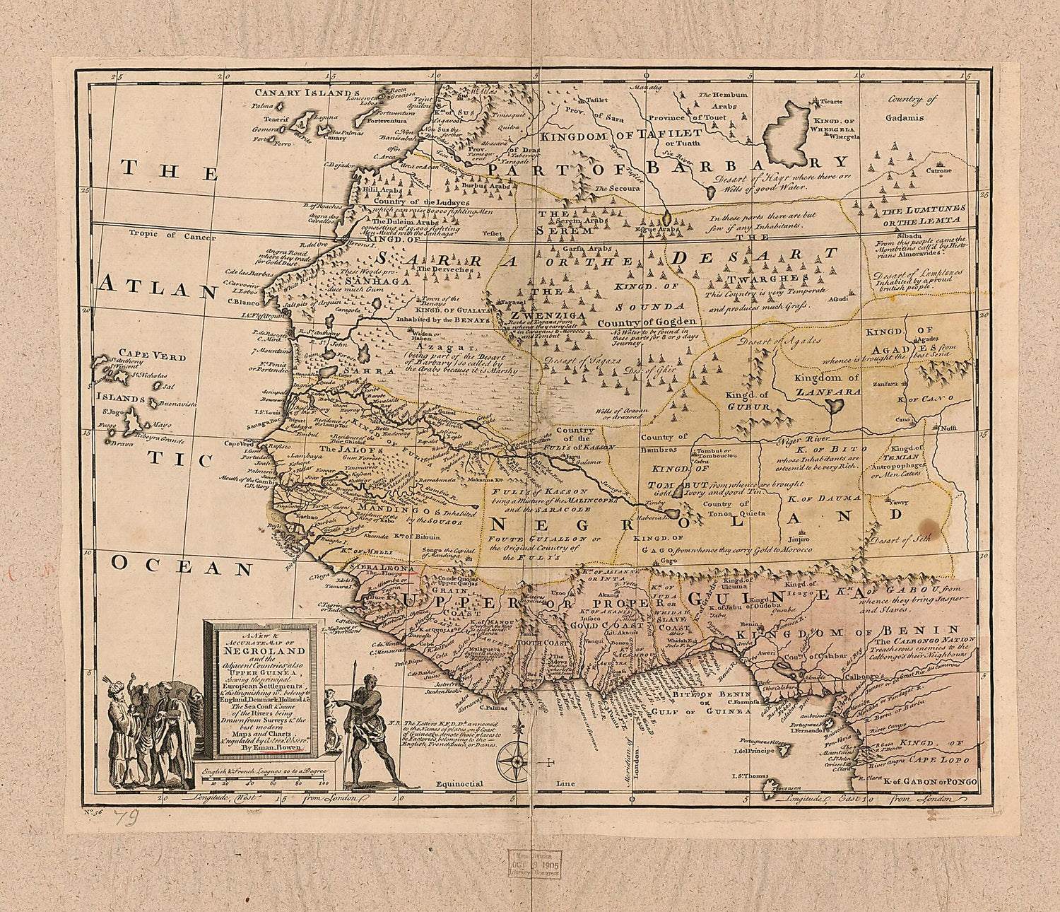 This old map of A New &amp; Accurate Map of Negroland and the Adjacent Countries : Also Upper Guinea, Showing the Principle European Settlements &amp; Distinguishing Wch. Belong to England, Denmark, Holland &amp; C : the Sea of the Rivers Being Drawn from Surveys &amp; 