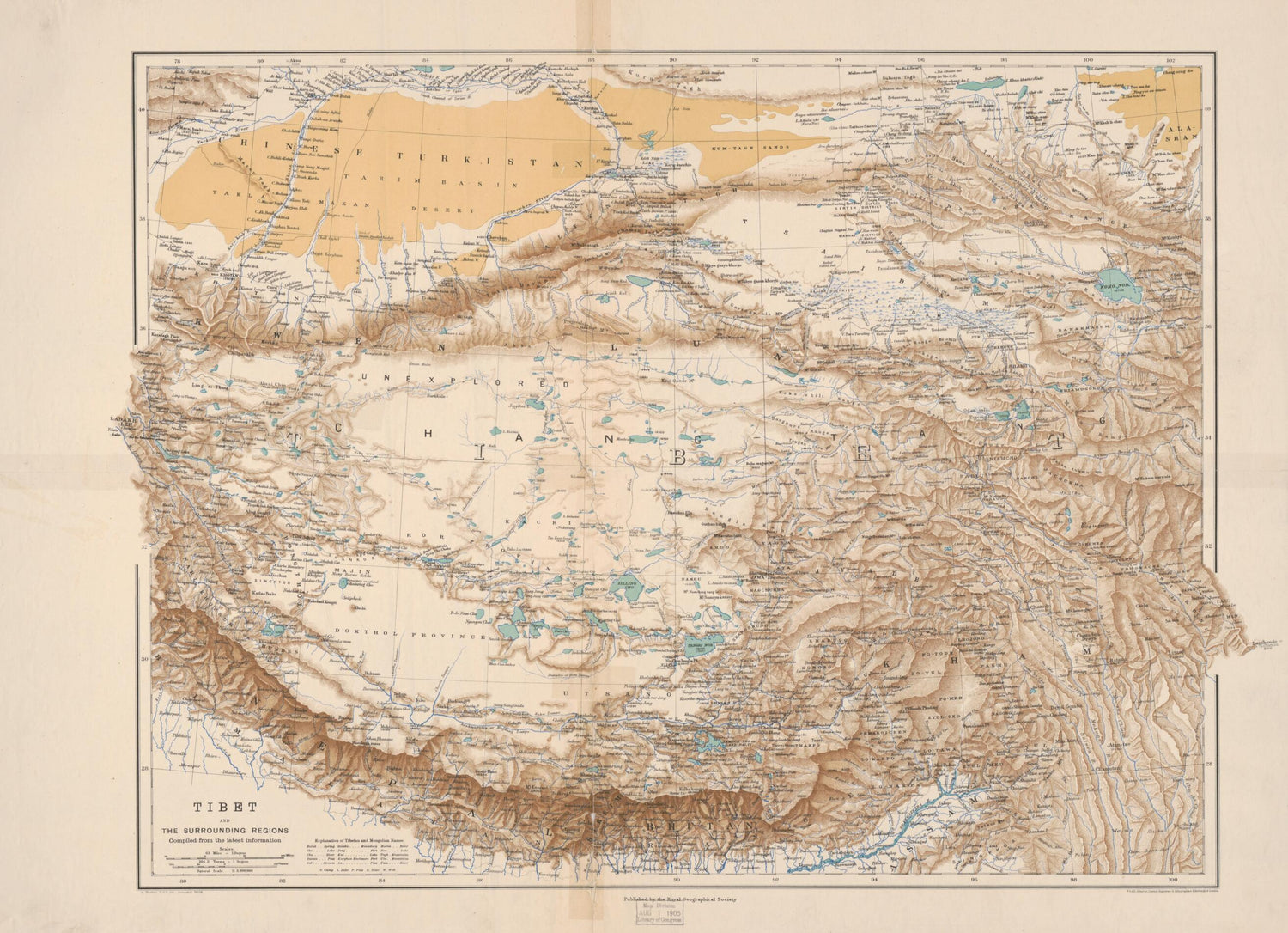 This old map of Tibet and the Surrounding Regions : Compiled from the Latest Information from 1904 was created by  Royal Geographical Society (Great Britain), H. (Henry) Sharbau in 1904