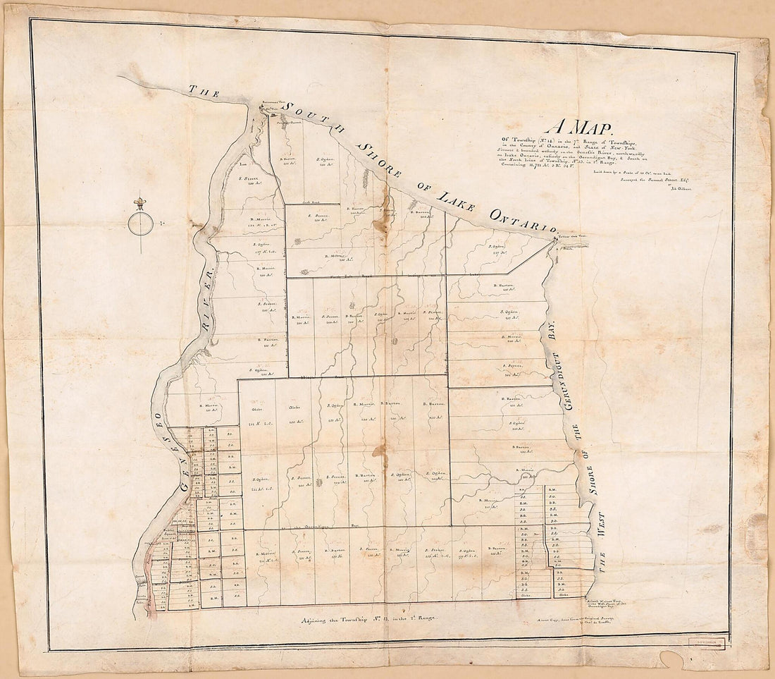 This old map of A Map of Township (No. 14) In the 7th Range of Townships, In the County of Ontario, and State of New York : Situate &amp; Bounded Westerly On the Geneseo River, Northwardly On Lake Ontario, Easterly On the Gerundigut Bay, &amp; South On the North