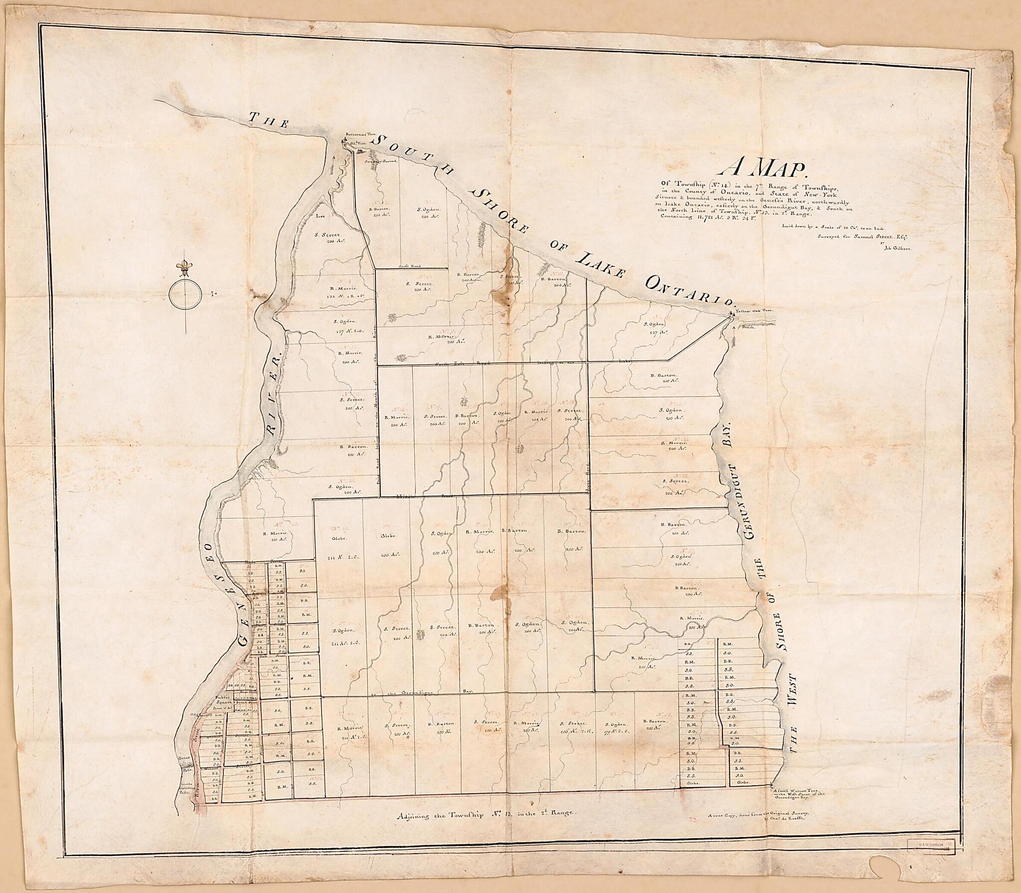 This old map of A Map of Township (No. 14) In the 7th Range of Townships, In the County of Ontario, and State of New York : Situate &amp; Bounded Westerly On the Geneseo River, Northwardly On Lake Ontario, Easterly On the Gerundigut Bay, &amp; South On the North