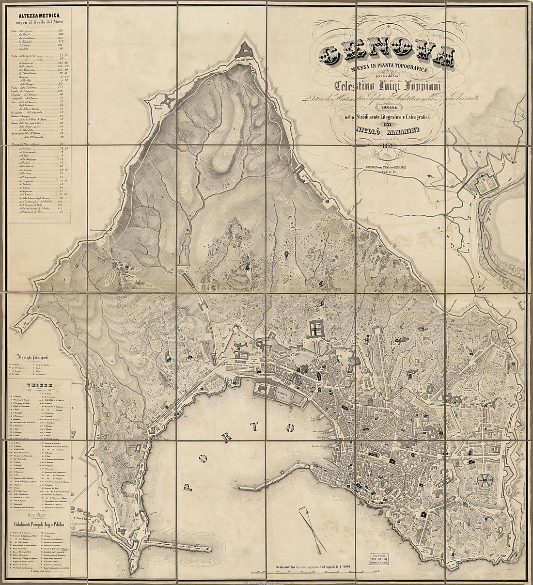This old map of Genova Messa In Pianta Topografica (Pianta Di Genova, City of Genoa) from 1853 was created by Millard Fillmore, Celestino Luigi Foppiani,  Lit. Armanino in 1853