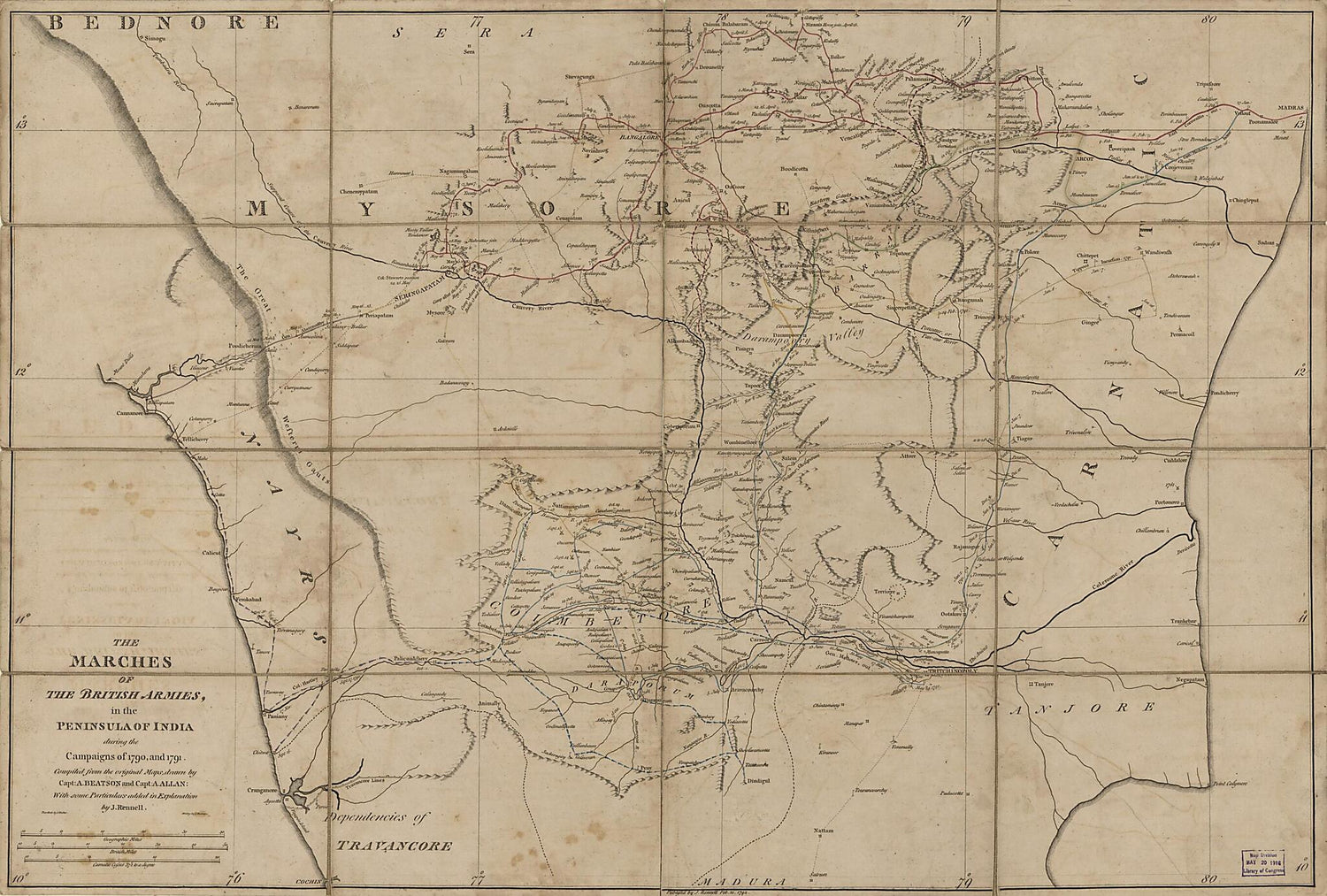 This old map of The Marches of the British Armies, In the Peninsula of India During the Campaigns of 1790 and 1791 (Map of India, India Cornwallis Manuvers, Trinidad 1797) from 1792 was created by Alexander Beatson, Millard Fillmore, James Rennell in 179