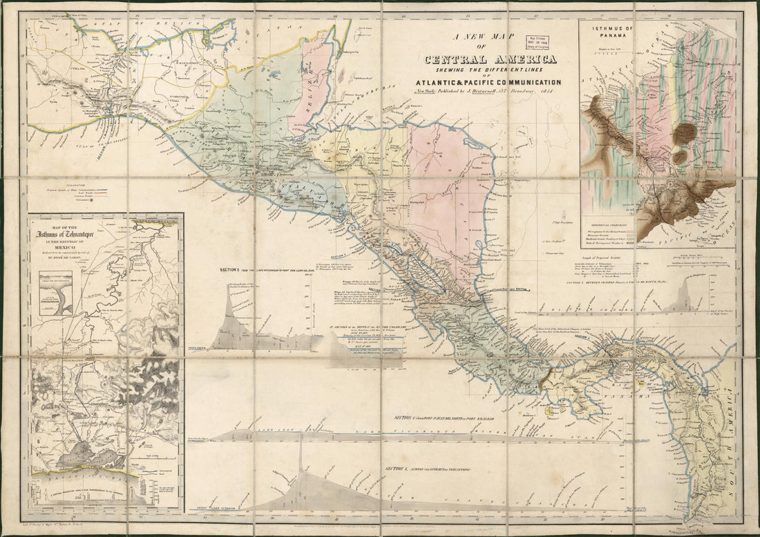 This old map of A New Map of Central America : Shewing the Different Lines of Atlantic &amp; Pacific Communication (Central America) from 1851 was created by John Disturnell, Millard Fillmore, José De Garay,  Sarony &amp; Major in 1851