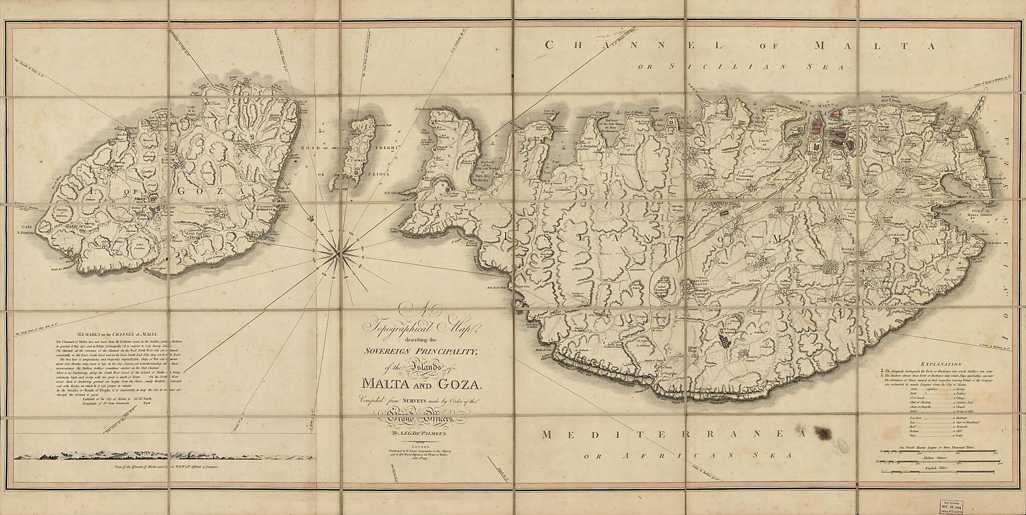This old map of A Topographical Map Describing the Principality of the Islands of Malta and Goza from 1799 was created by William Faden, A. F. Gervais De Palmeus in 1799