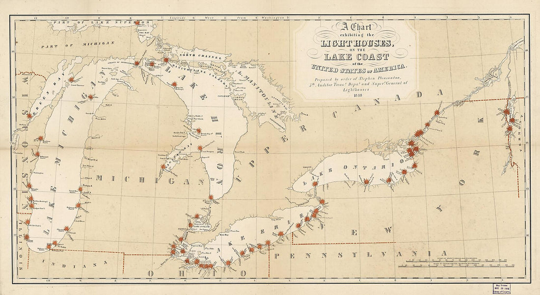 This old map of A Chart Exhibiting the Lighthouses of the Lake Coast of the United States of America from 1848 was created by Millard Fillmore, Stephen Pleasonton,  United States. Department of the Treasury. Office of the Fifth Auditor in 1848