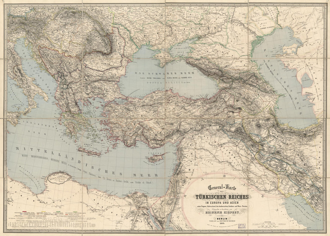 This old map of Karte Des Türkischen Reiches In Europa Und Asien : Nebst Ungarn, Südrussland, Den Kaukasischen Ländern Und West-Persien from 1855 was created by Germany) Dietrich Reimer Verlag (Berlin, Millard Fillmore, Heinrich Kiepert in 1855