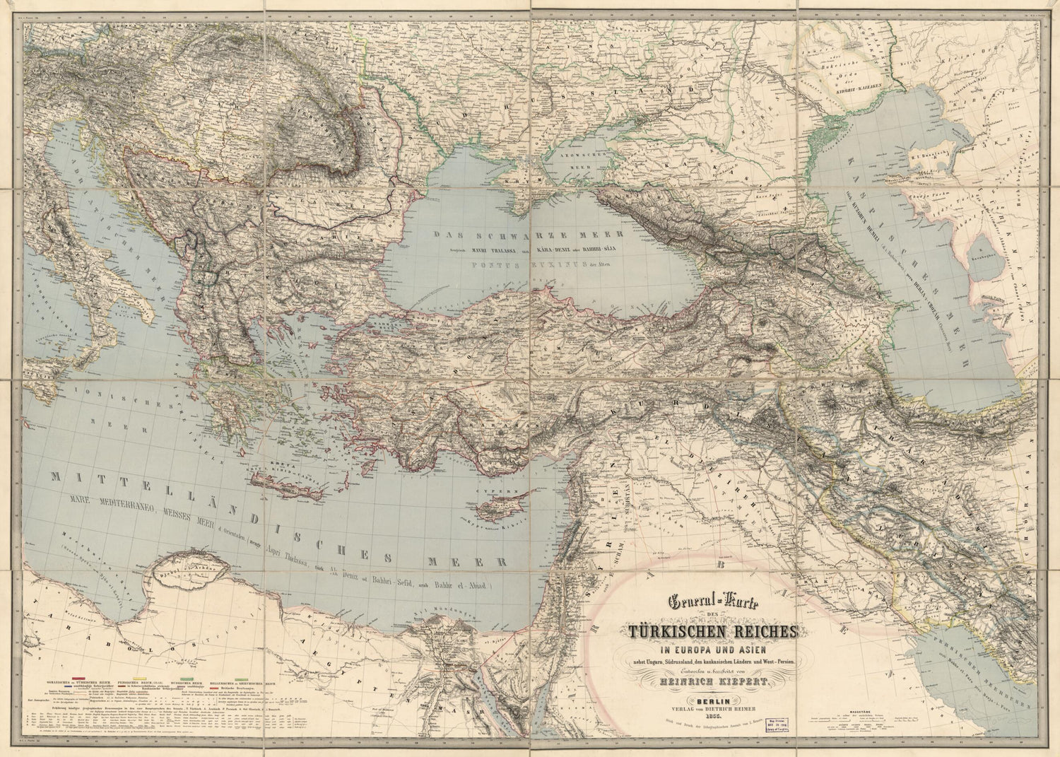 This old map of Karte Des Türkischen Reiches In Europa Und Asien : Nebst Ungarn, Südrussland, Den Kaukasischen Ländern Und West-Persien from 1855 was created by Germany) Dietrich Reimer Verlag (Berlin, Millard Fillmore, Heinrich Kiepert in 1855