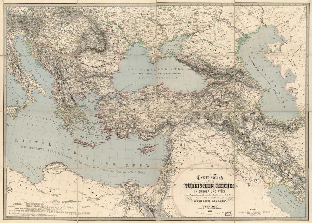 Karte Des Türkischen Reiches In Europa Und Asien : Nebst Ungarn, Südrussland, Den Kaukasischen Ländern Und West-Persien 1855 by Relic Map Company