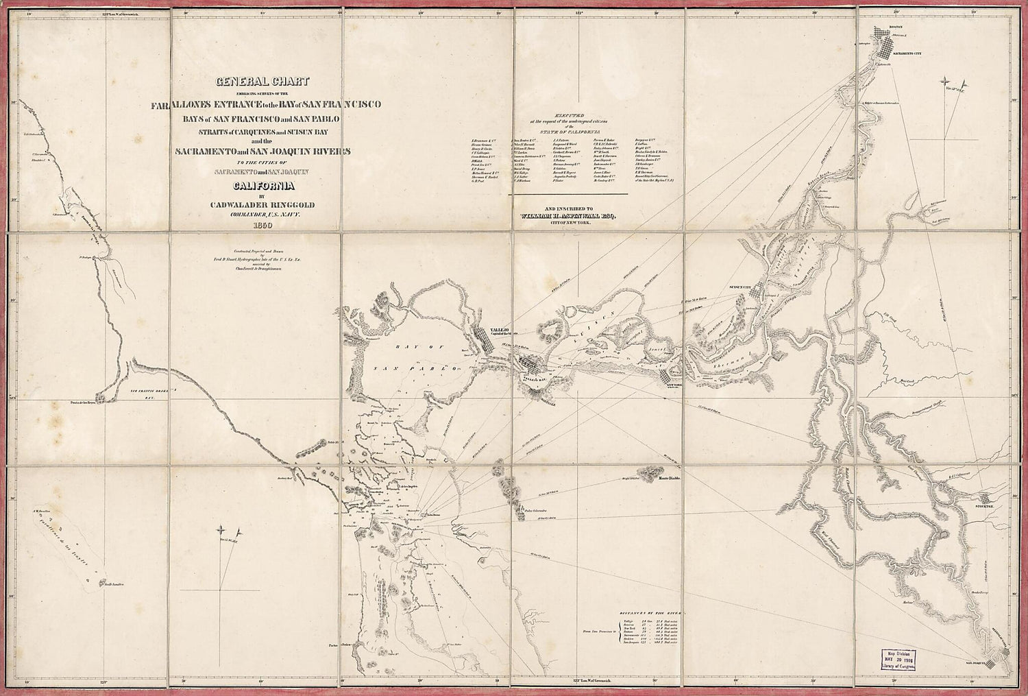 This old map of General Chart Embracing Surveys of the Farallones Entrance to the Bay of San Francisco, Bays of San Francisco and San Pablo, Straits of Carquines and Suisun Bay, and the Sacramento and San Joaquin Rivers to the Cities of Sacramento and Sa