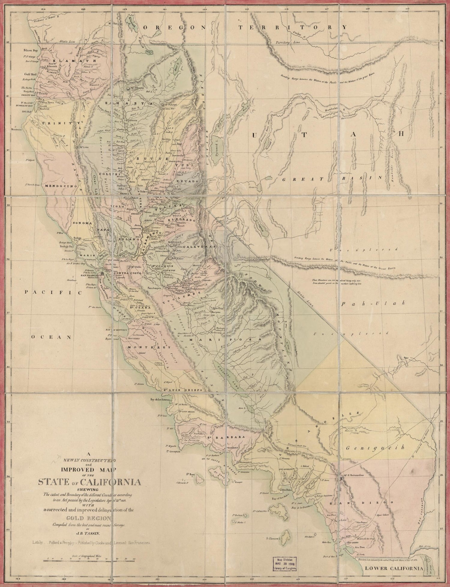 This old map of A Newly Constructed and Improved Map of the State of California : Shewing the Extent and Boundary of the Different Counties According to an Act Passed by the Legislature April 25th, from 1851 With a Corrected and Improved Delineation of t