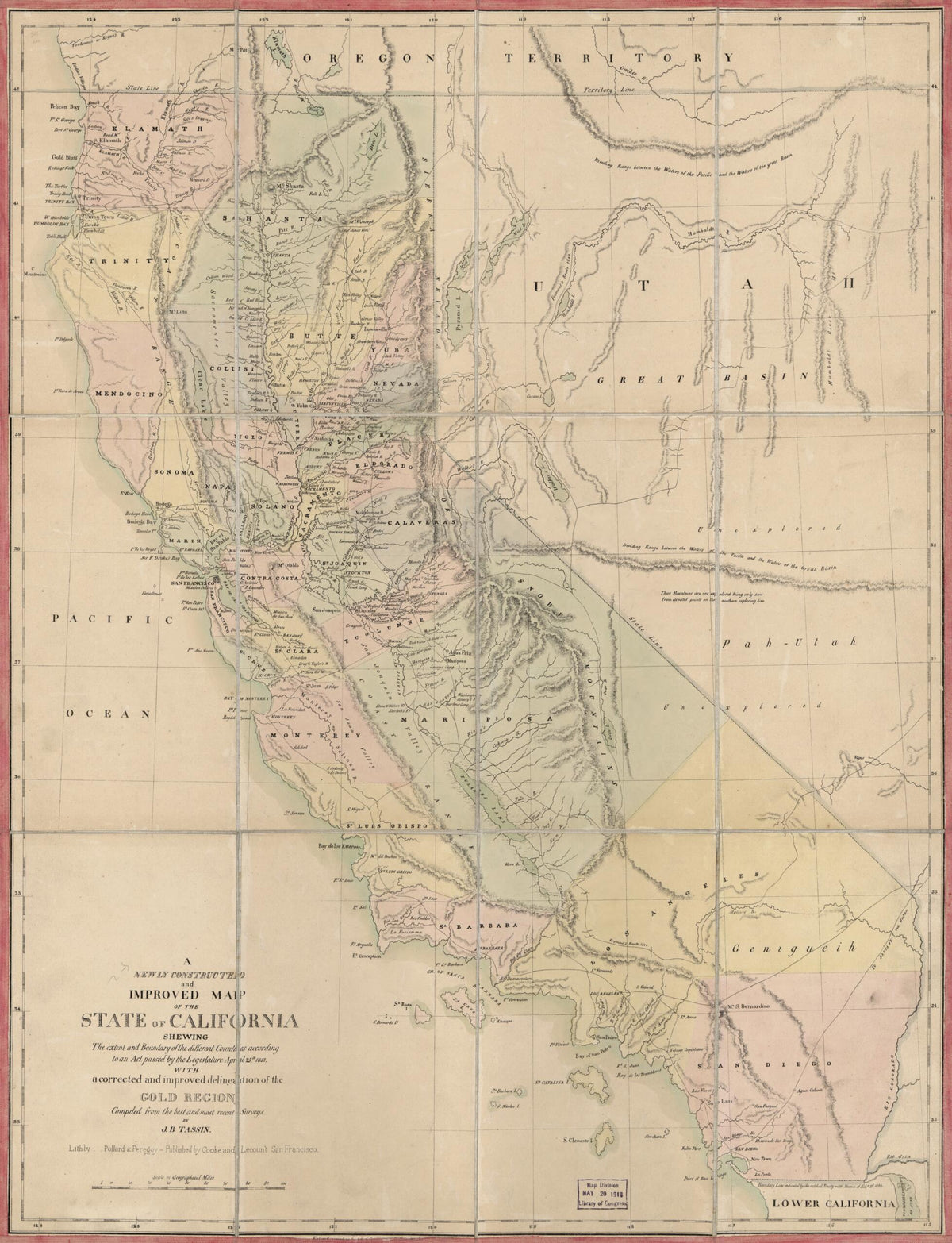 A Newly Constructed and Improved Map of the State of California : Shewing the Extent and Boundary of the Different Counties According to an Act Passed by the Legislature April 25th, 1851 With a Corrected and Improved Delineation of the Gold Region by Relic Map Company