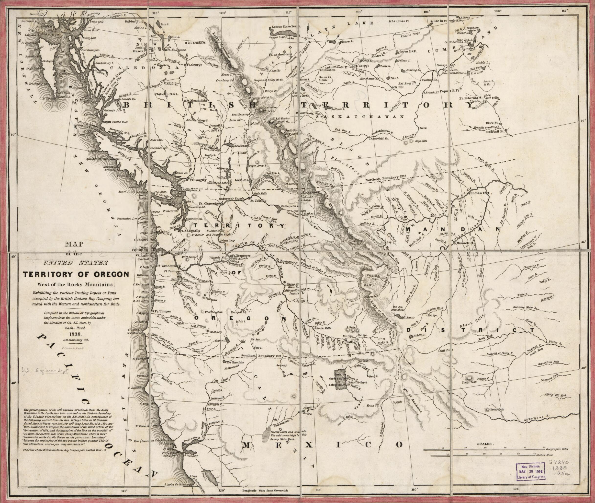 This old map of Map of the United States, Territory of Oregon, West of the Rocky Mountains : Exhibiting the Various Trading Depots Or Forts Occupied by the British Hudson Bay Company, Connected With the Western and Northwestern Fur Trade from 1838 was created by John James Abert, Millard Fillmore, Washington Hood,  Hudson&