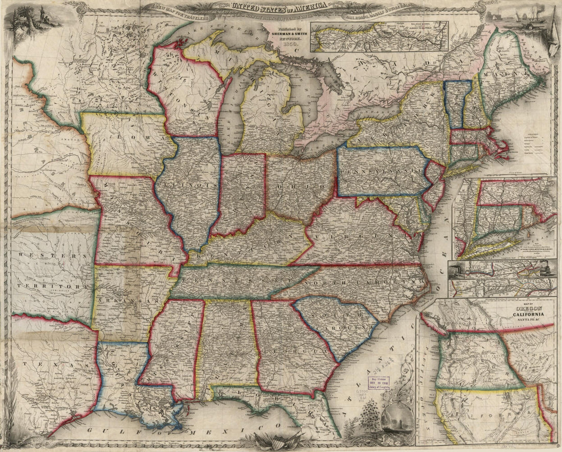This old map of A New Map for Travellers Through the United States of America Showing the Railways, Canals & Stage Roads, With the Distances from 1850 was created by Millard Fillmore,  Sherman & Smith, J. Calvin (John Calvin) Smith in 1850