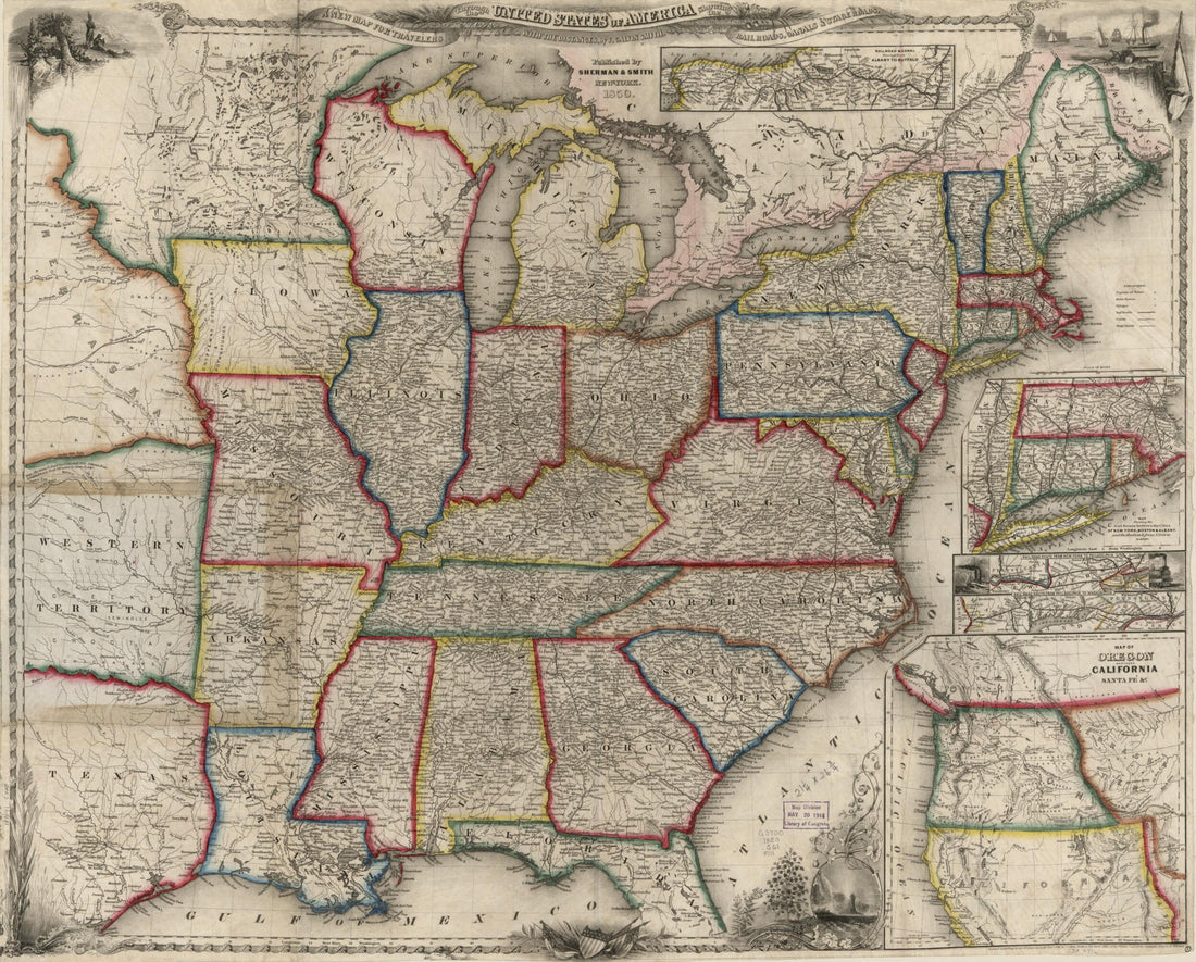 This old map of A New Map for Travellers Through the United States of America Showing the Railways, Canals &amp; Stage Roads, With the Distances from 1850 was created by Millard Fillmore,  Sherman &amp; Smith, J. Calvin (John Calvin) Smith in 1850