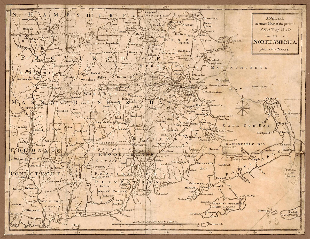 A New and Accurate Map of the Present Seat of War In North America from a Late Survey 1775 by Relic Map Company