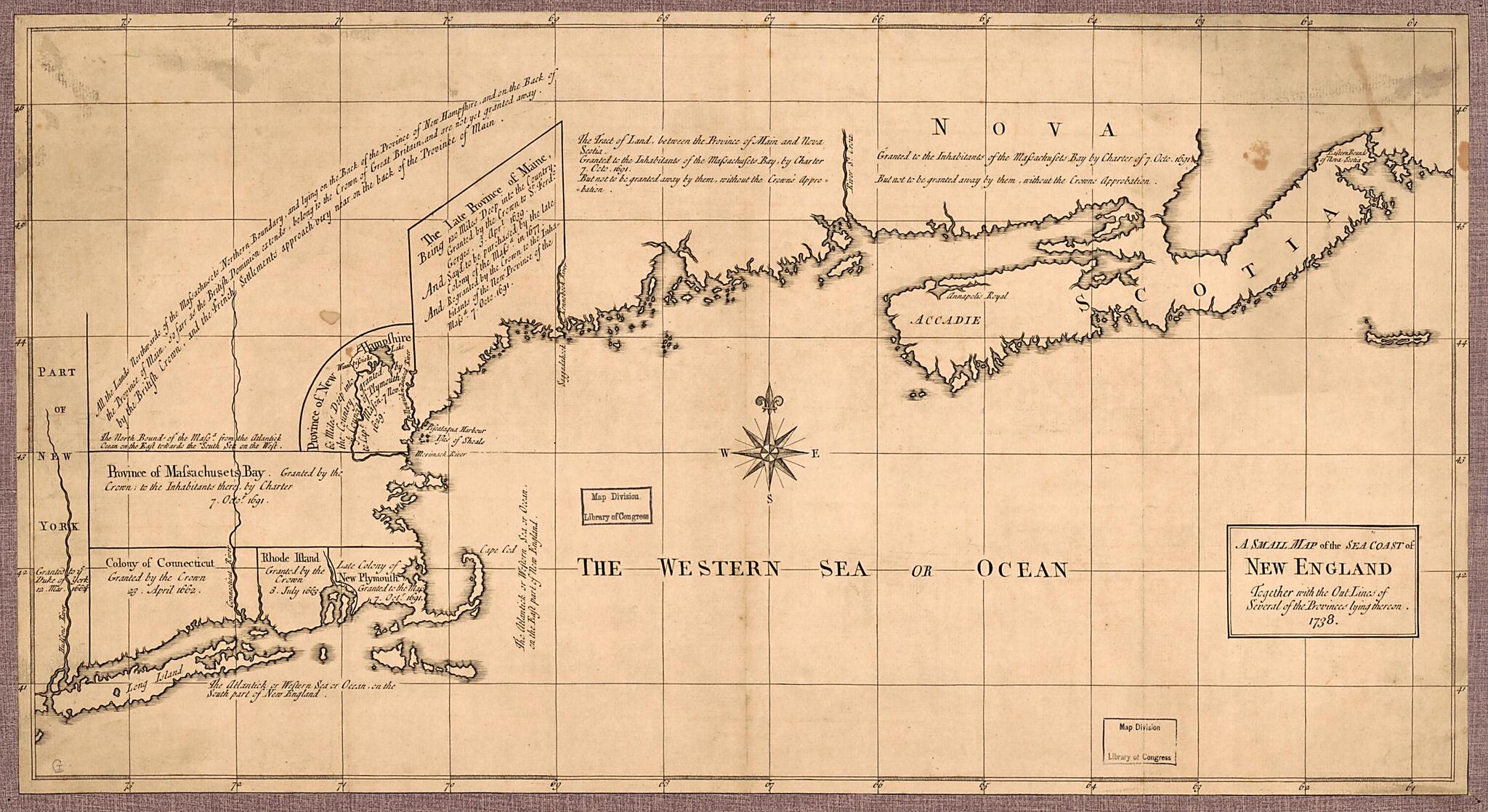 This old map of A Small Map of the Sea Coast of New England Together With the Out Lines of Several of the Provinces Lying Thereon from 1738 was created by  in 1738
