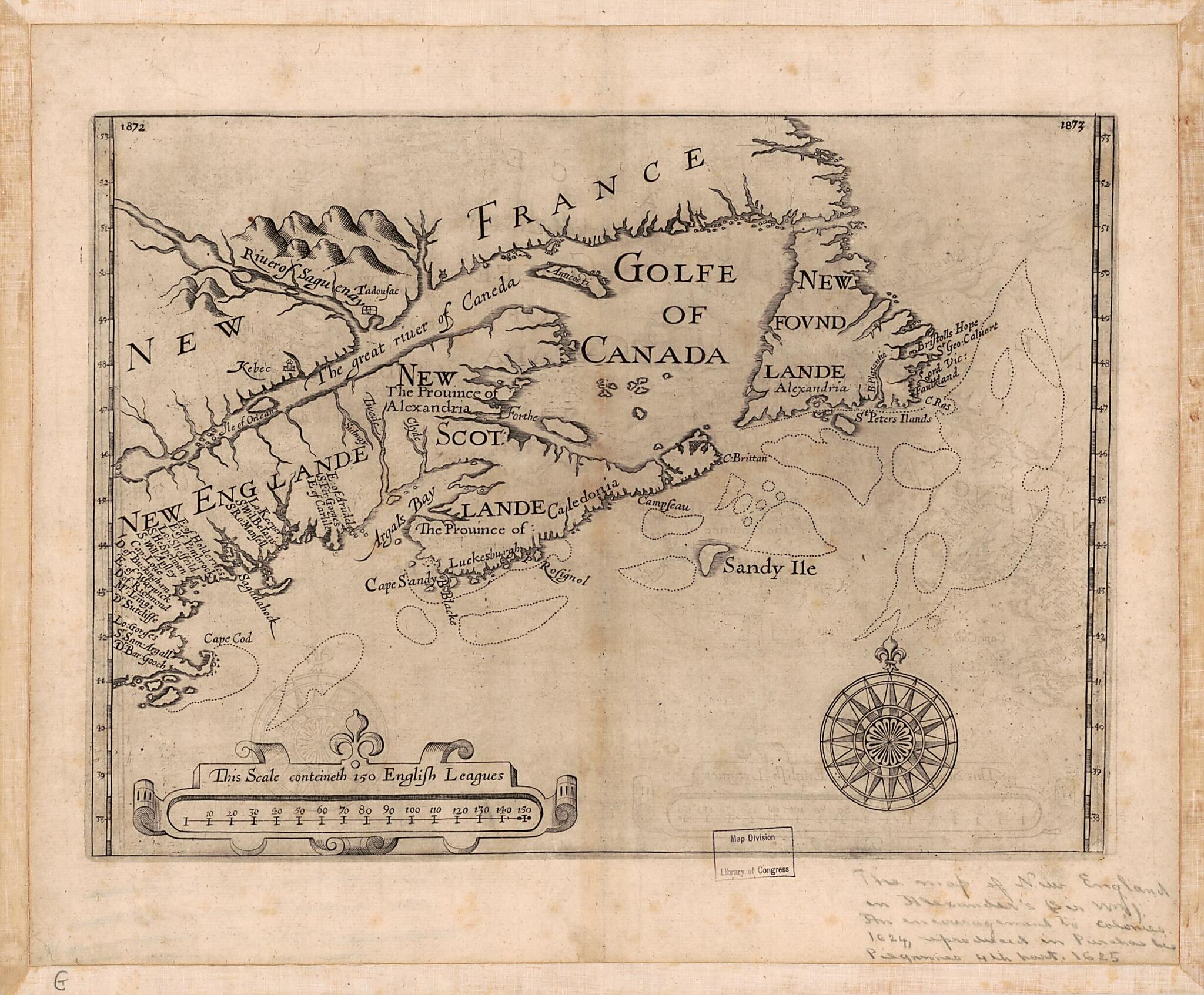 This old map of New England, Nova Scotia, and Newfoundland from 1624 was created by William Alexander Stirling in 1624