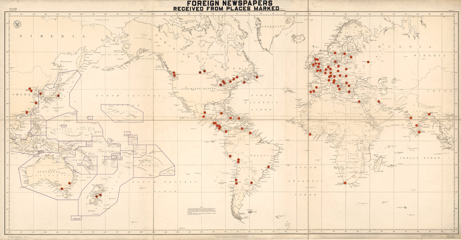 This old map of Foreign Newspapers Received from Places Marked from 1928 was created by  Library of Congress. Periodicals Division, Henry S. (Henry Spaulding) Parsons,  United States. Hydrographic Office in 1928