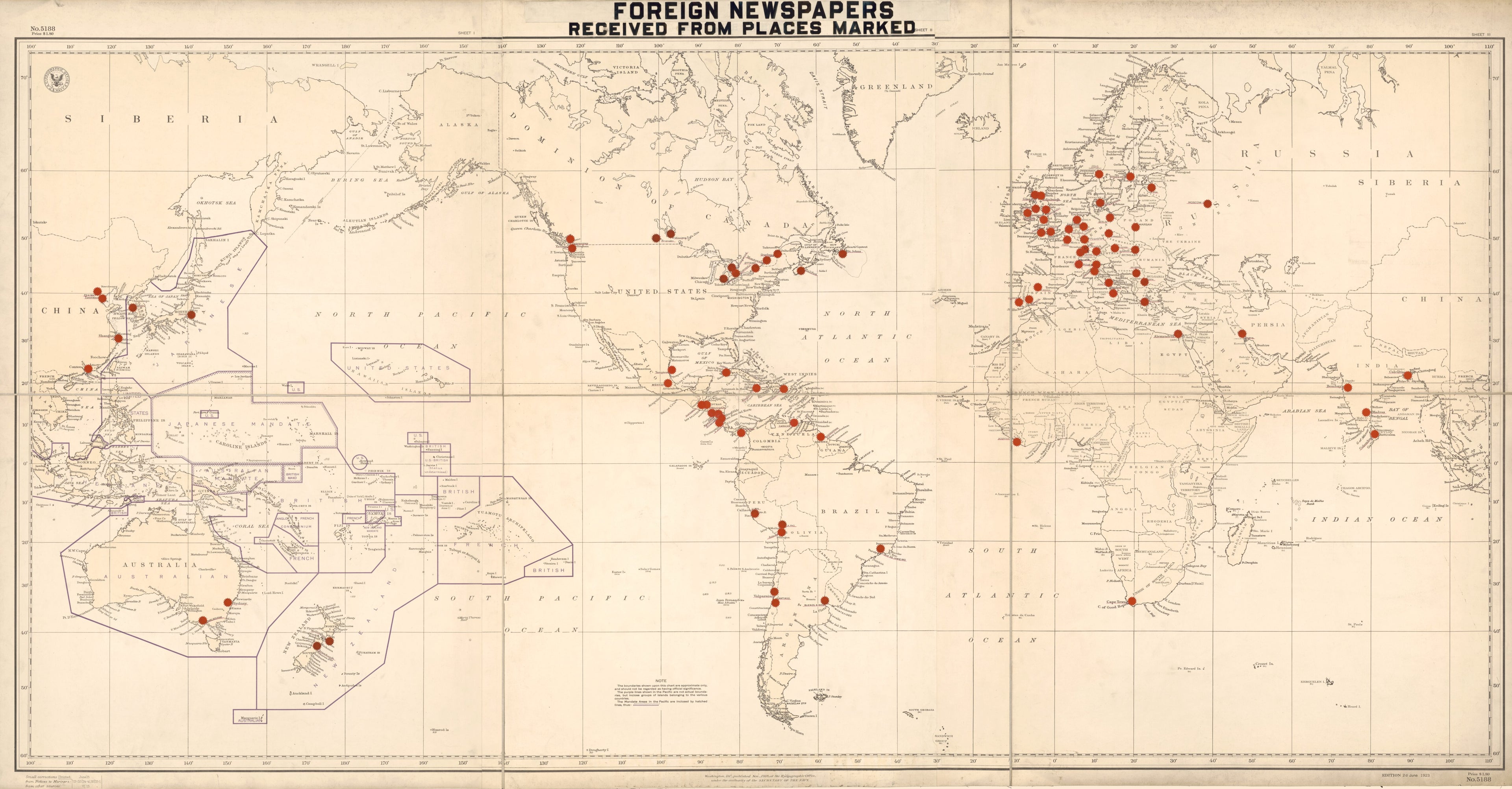 This old map of Foreign Newspapers Received from Places Marked from 1928 was created by  Library of Congress. Periodicals Division, Henry S. (Henry Spaulding) Parsons,  United States. Hydrographic Office in 1928