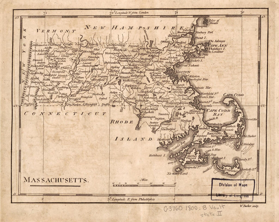 This old map of Massachusetts from 1801 was created by W. (William) Barker, Mathew Carey in 1801