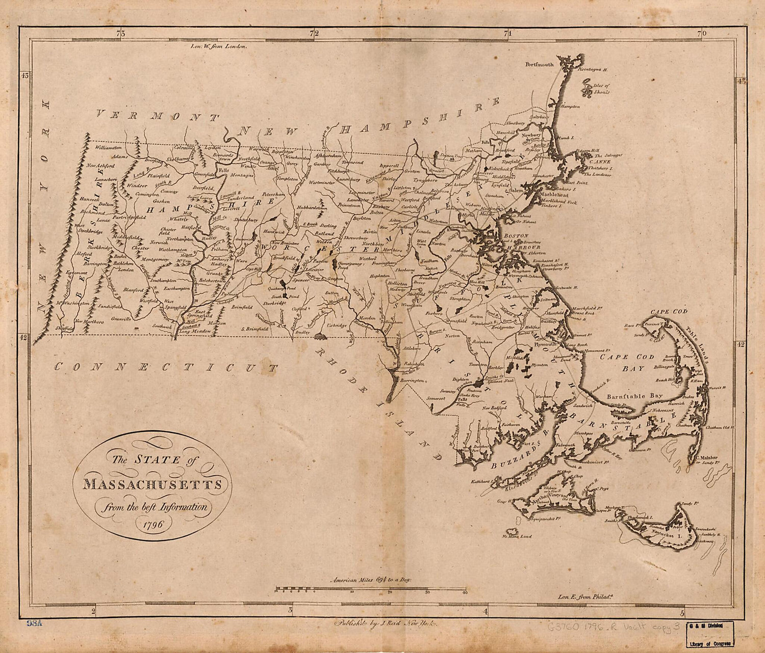 This old map of The State of Massachusetts : from the Best Information from 1796 was created by John Reid,  United States. Bureau of the Census, William Winterbotham in 1796