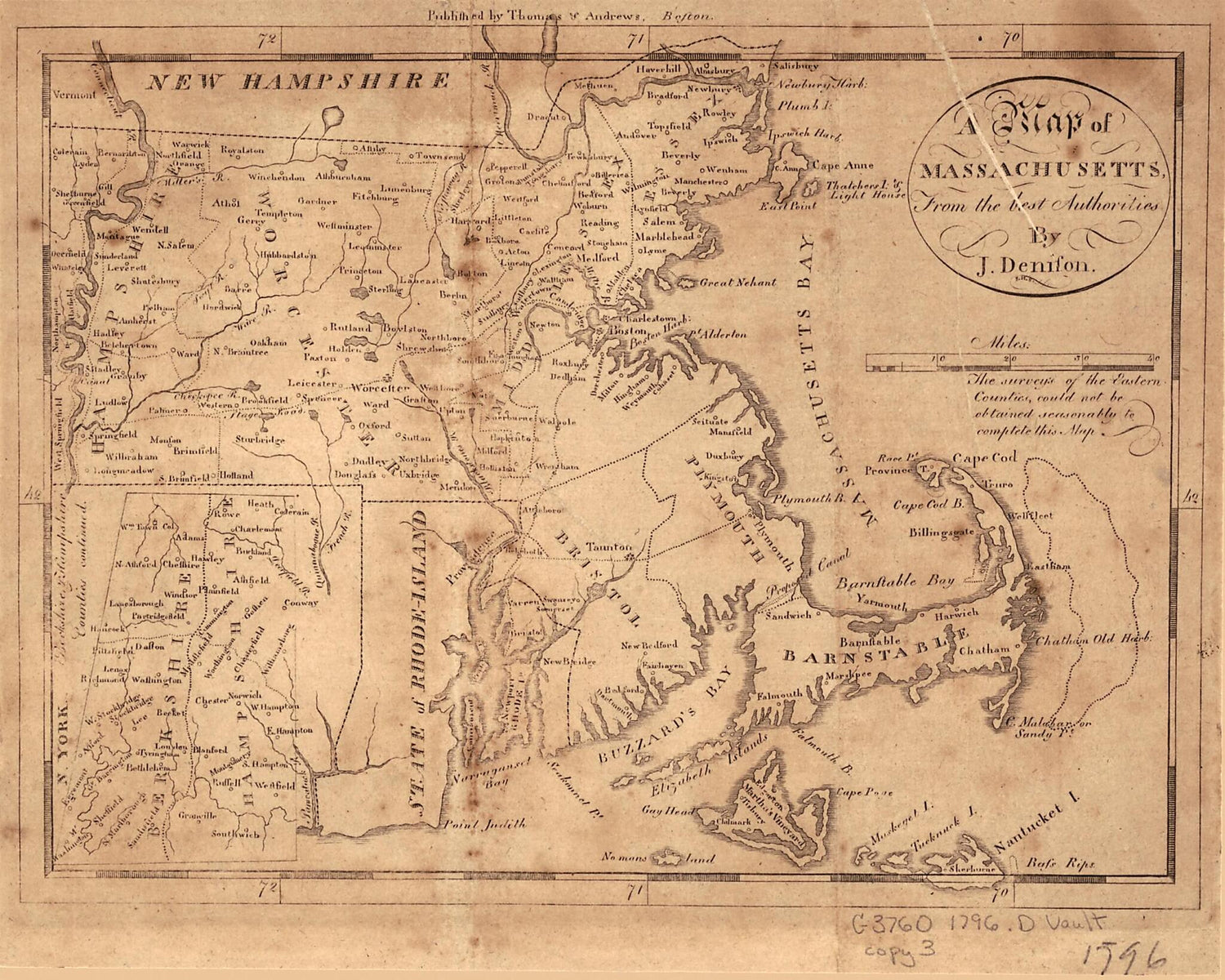 This old map of A Map of Massachusetts : from the Best Authorities from 1796 was created by J. Denison, Samuel Hill, Jedidiah Morse in 1796