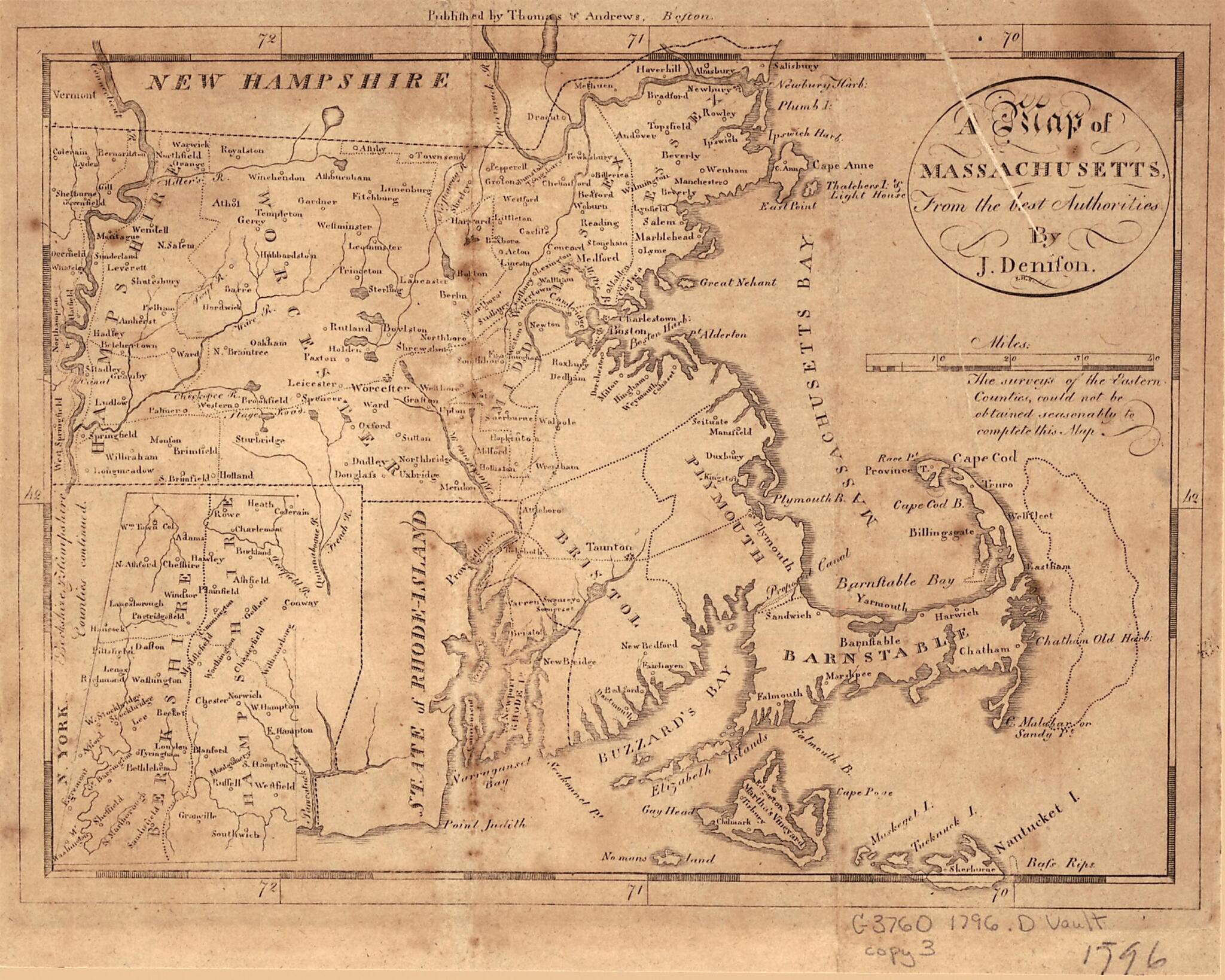 This old map of A Map of Massachusetts : from the Best Authorities from 1796 was created by J. Denison, Samuel Hill, Jedidiah Morse in 1796