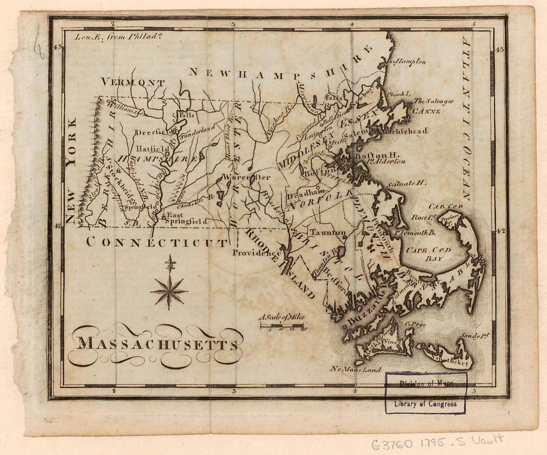 This old map of Massachusetts from 1795 was created by Joseph Scott in 1795