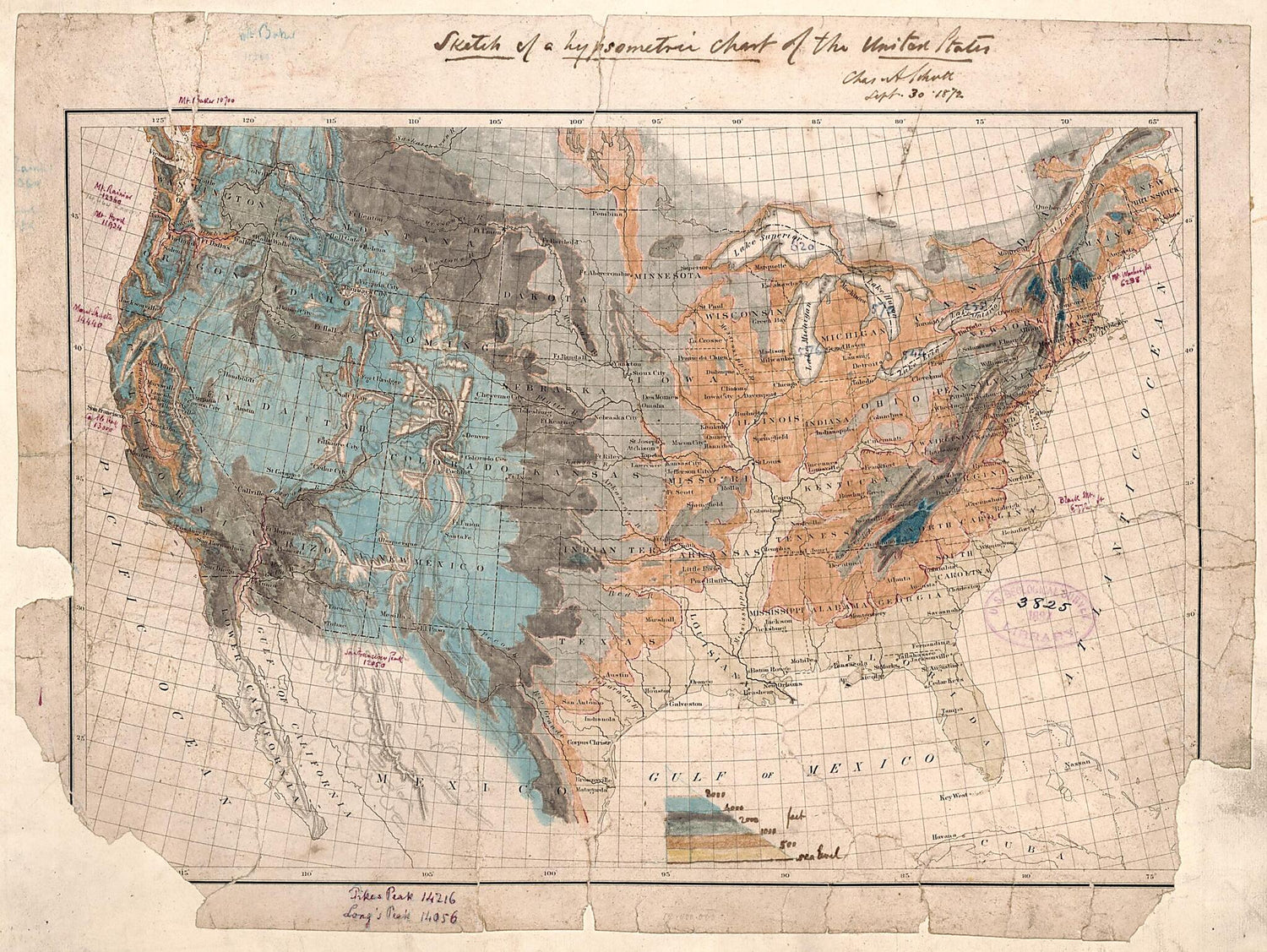 This old map of Sketch of a Hypsometric Chart of the United States from 1872 was created by Charles A. (Charles Anthony) Schott in 1872