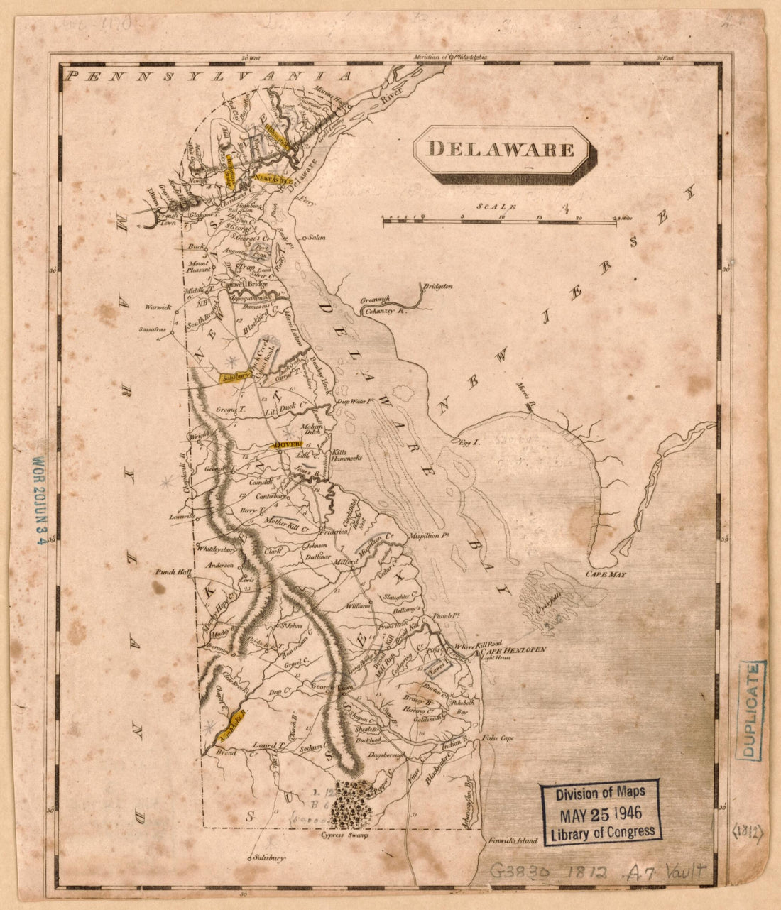 This old map of Delaware from 1812 was created by Aaron Arrowsmith in 1812