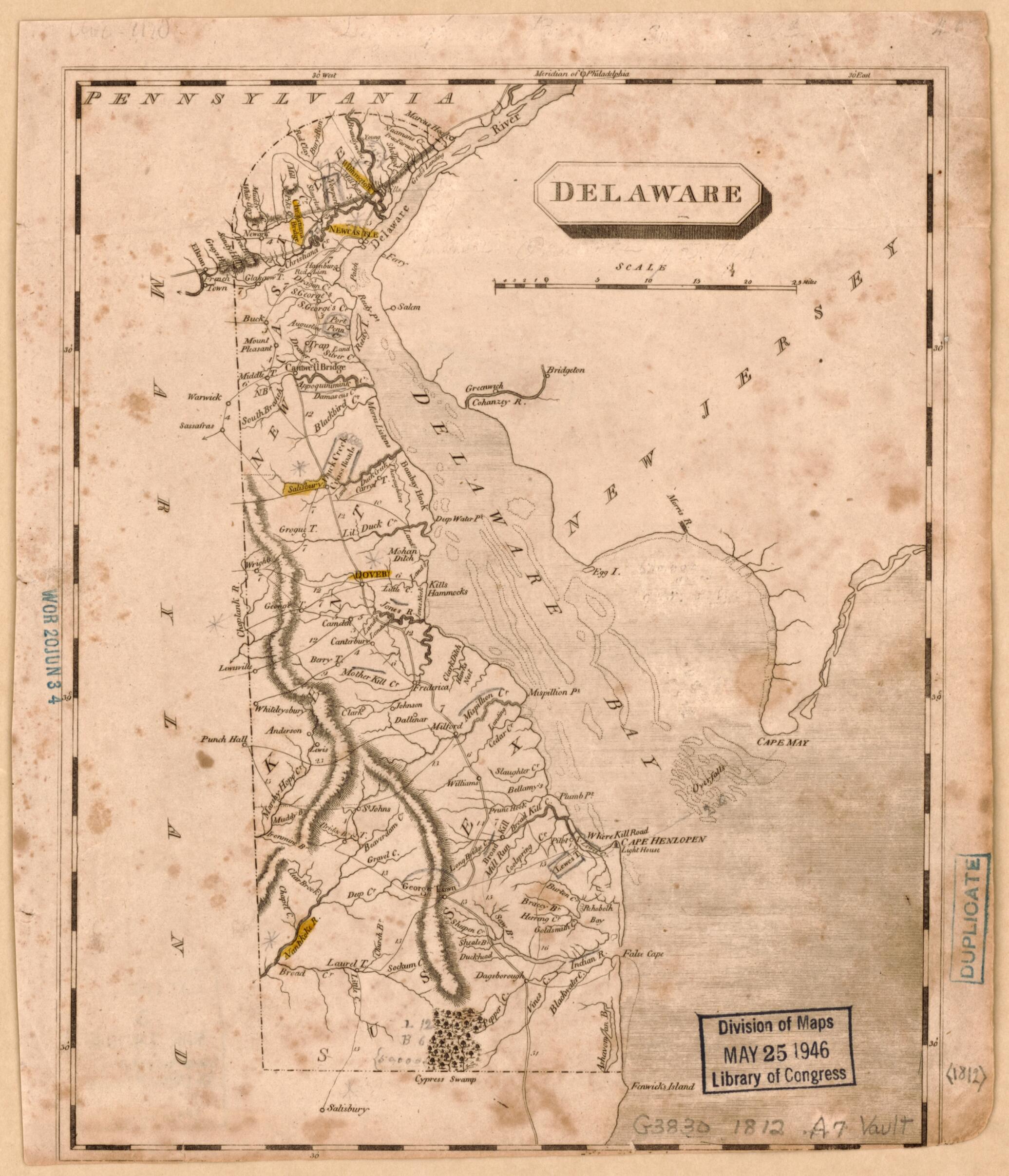 This old map of Delaware from 1812 was created by Aaron Arrowsmith in 1812