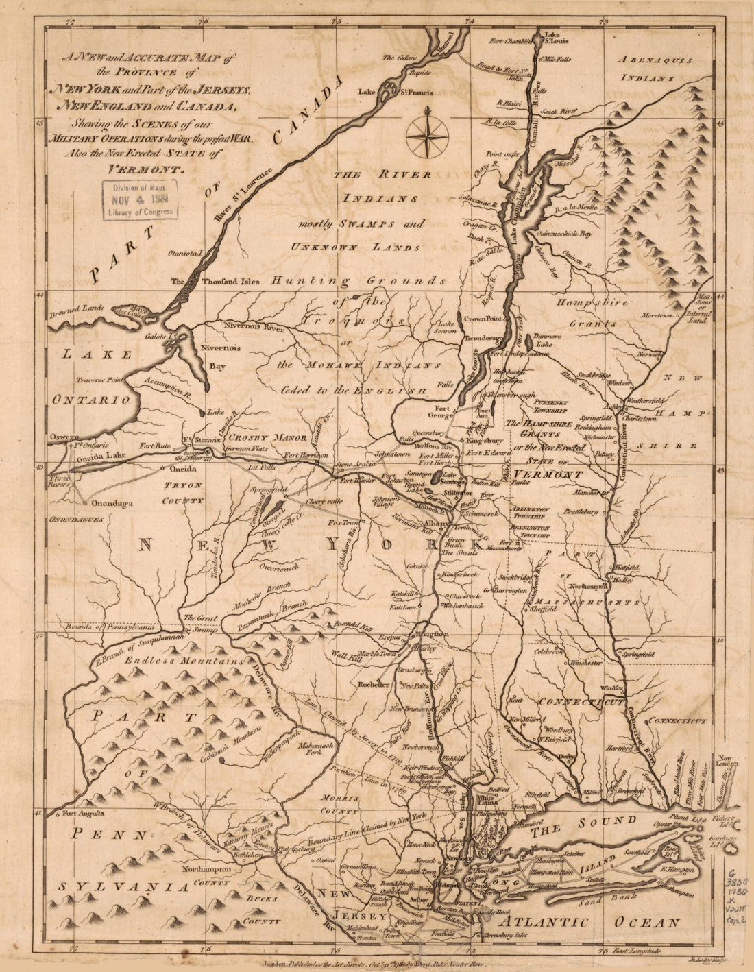 This old map of A New and Accurate Map of the Province of New York and Part of the Jerseys, New England and Canada, Shewing the Scenes of Our Military Operations During the Present War : Also the New Erected State of Vermont from 1780 was created by John