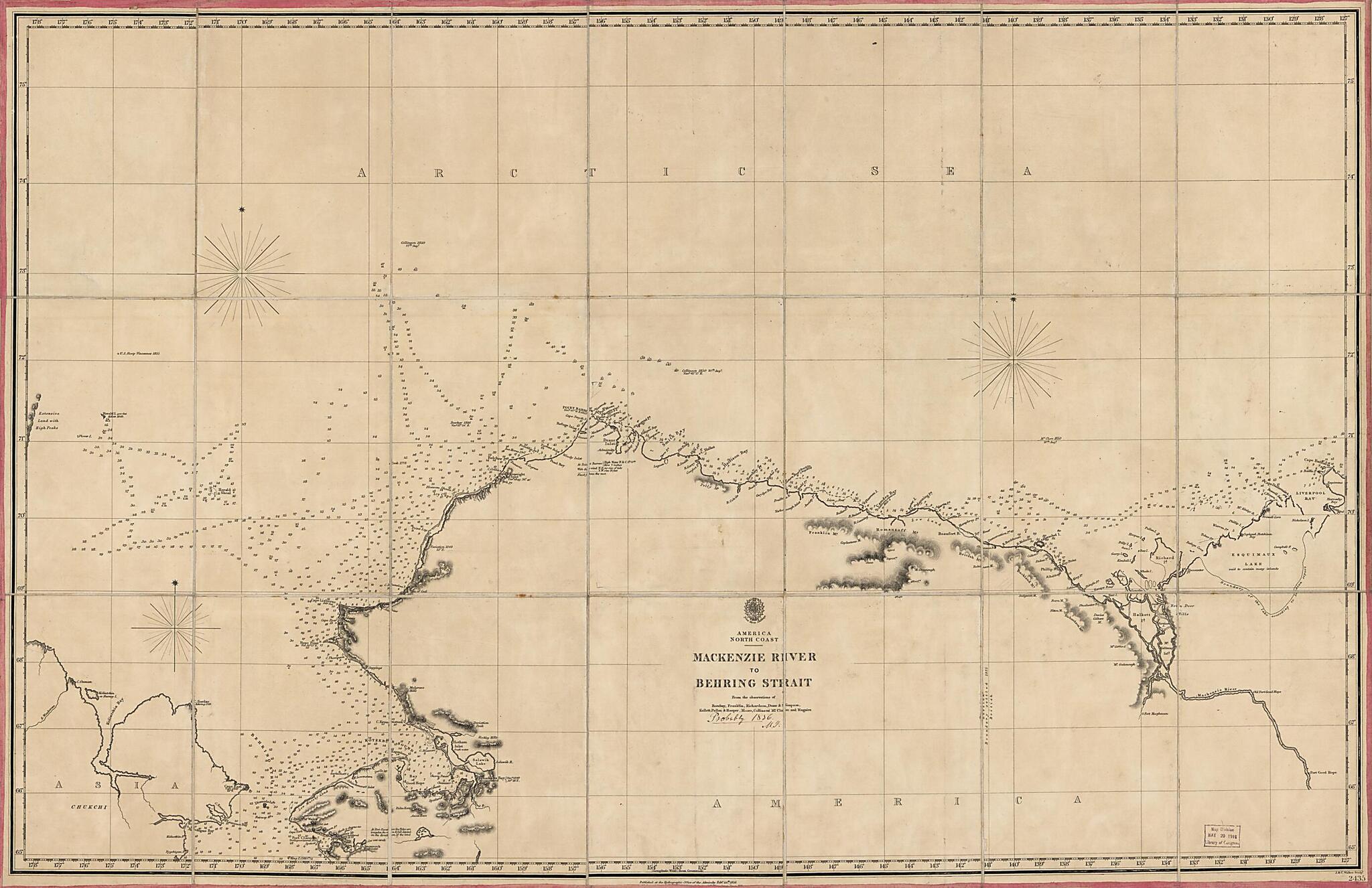 This old map of Mackenzie River to Behring Strait : from the Observations of Beechey, Franklin, Richardson, Dease &amp; Simpson, Kellett, Pullen &amp; Hooper, Moore, Collinson, McClure, and Maguire from 1856 was created by Millard Fillmore,  Great Britain. Hydro