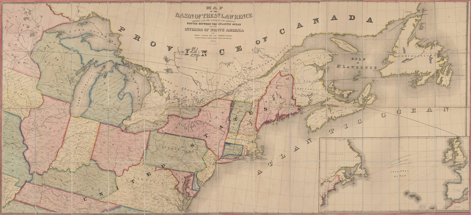 This old map of Map of the Basin of the St. Lawrence : Showing Also the Natural and Artificial Routes Between the Atlantic Ocean and the Interior of North America from 1853 was created by  Ackerman Lithr, Israel D. (Israel Dewolf) Andrews, Thomas C. Keef