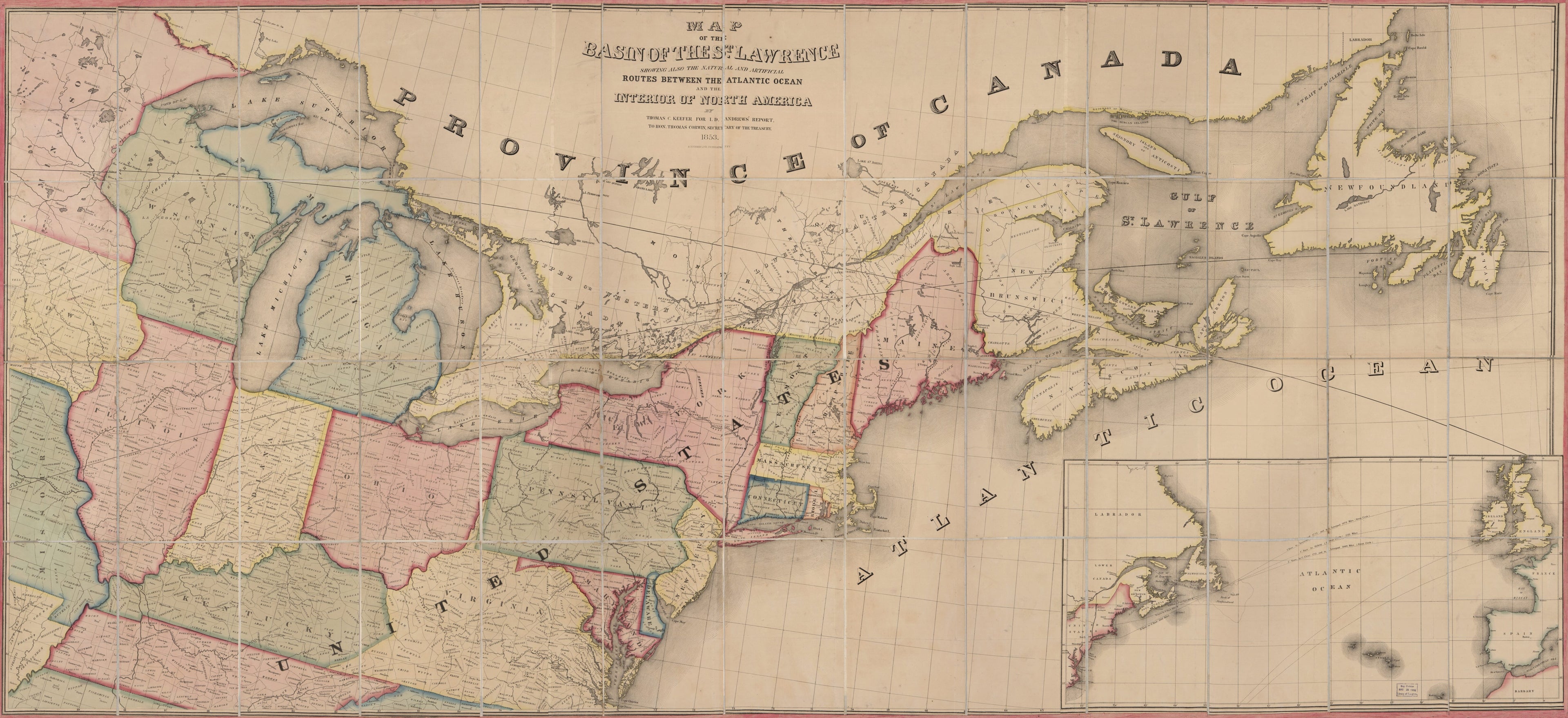This old map of Map of the Basin of the St. Lawrence : Showing Also the Natural and Artificial Routes Between the Atlantic Ocean and the Interior of North America from 1853 was created by  Ackerman Lithr, Israel D. (Israel Dewolf) Andrews, Thomas C. Keef