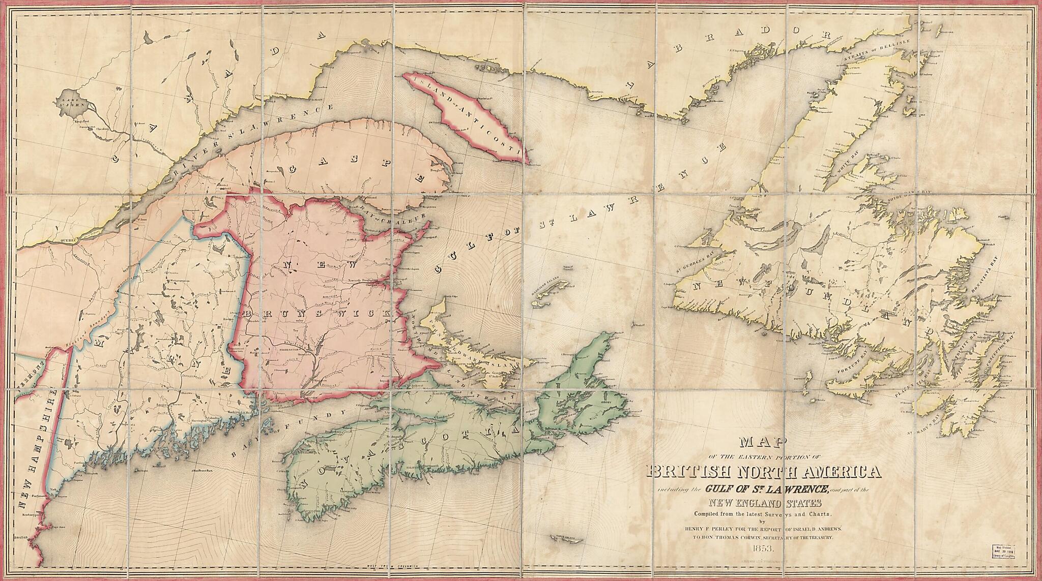 This old map of Map of the Eastern Portion of British North America : Including the Gulf of St. Lawrence, and Part of the New England States from 1853 was created by Henry F. Perley in 1853
