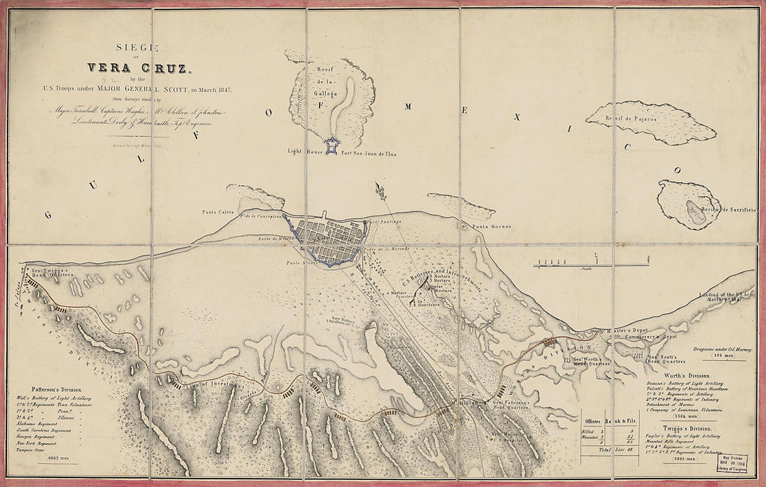 This old map of Siege of Vera Cruz : by the U.S. Troops Under Major General Scott, In March from 1847, from Surveys Made by Major Turnbull, Captains Hughes, McClellan, &amp; Johnston, Lieutenants Derby &amp; Hardcastle, Topl. Engineers was created by George Hora