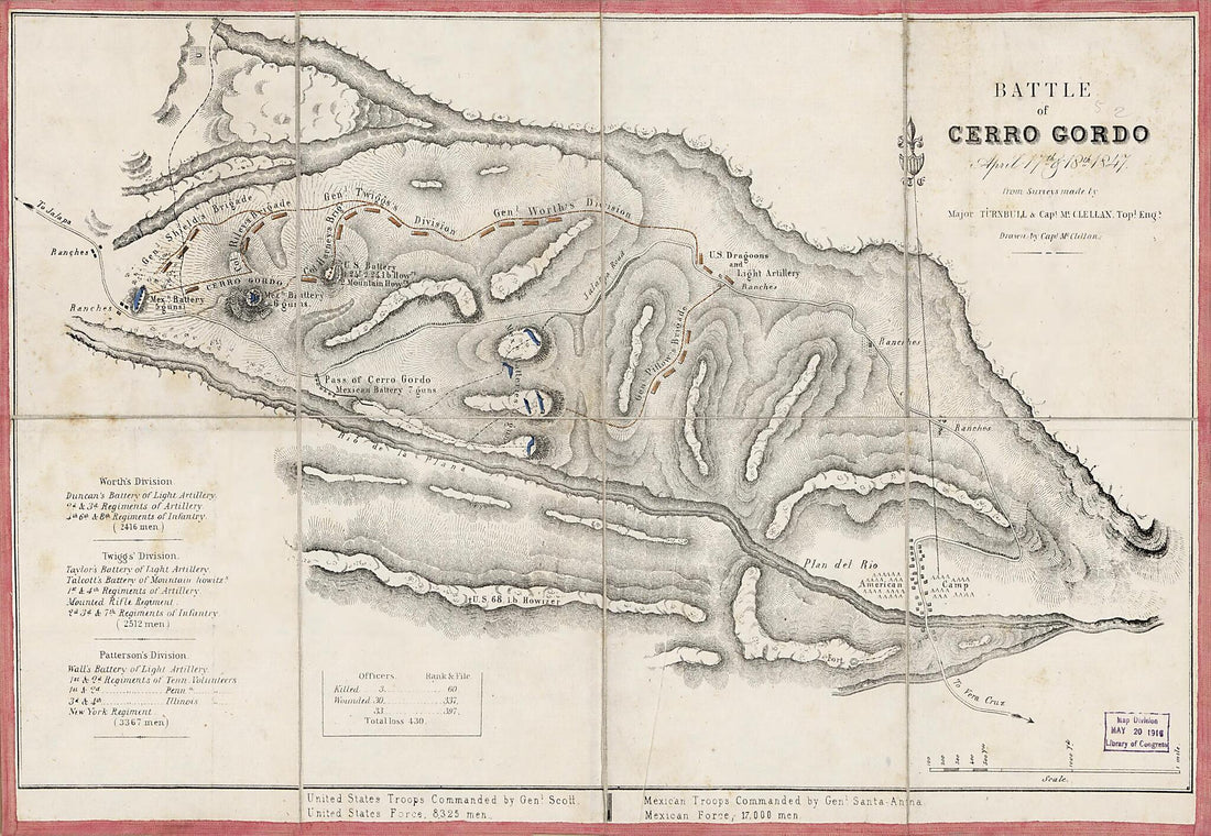 This old map of Battle of Cerro Gordo April 17th &amp; 18th from 1847 : from Surveys Made by Major Turnbull, Capt. McClellan, Topl. Engs was created by George B. (George Brinton) McClellan, Winfield Scott, Wm. (William) Turnbull in 1847