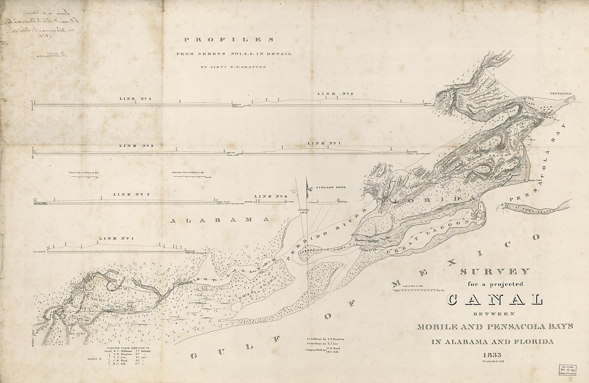 This old map of Survey for a Projected Canal Between Mobile and Pensacola Bays In Alabama and Florida from 1833 was created by Millard Fillmore, Henry G. Sill in 1833