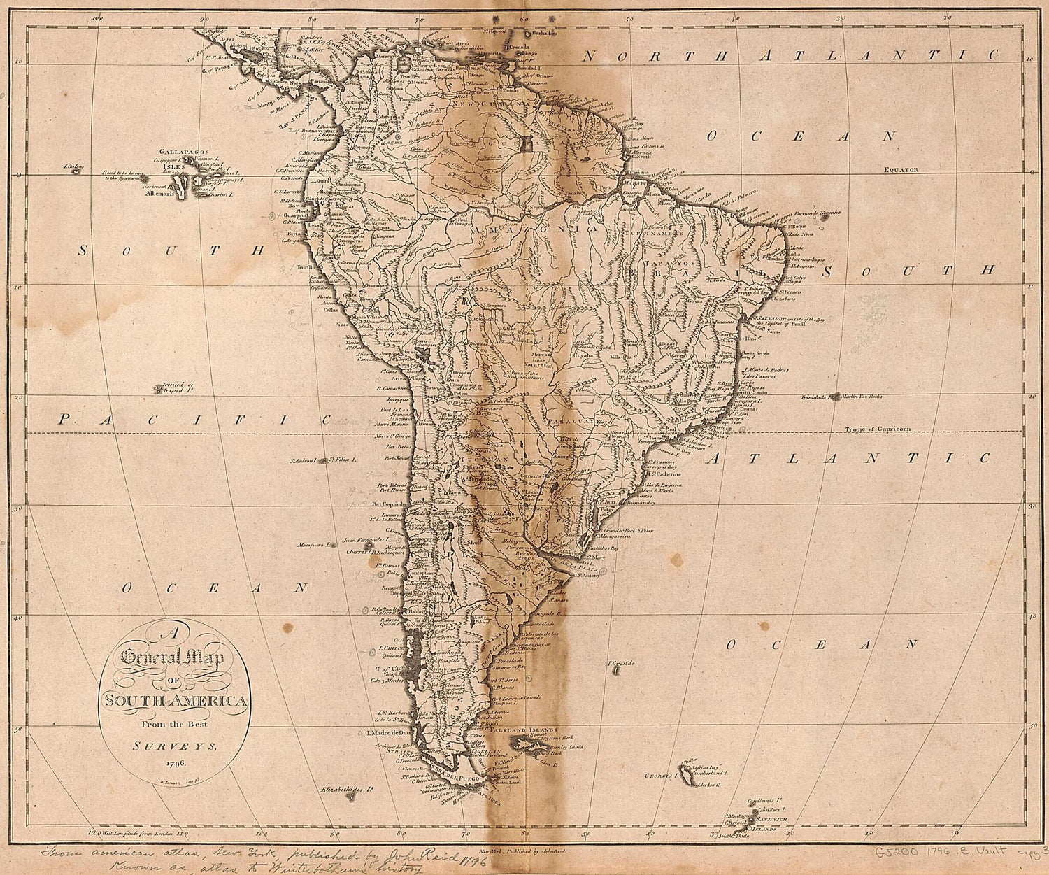 This old map of A General Map of South America : from the Best Surveys, from 1796 was created by Benjamin Tanner, William Winterbotham in 1796