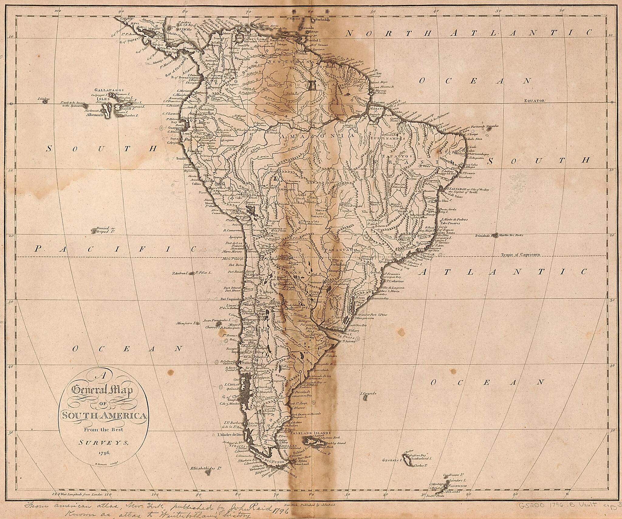 This old map of A General Map of South America : from the Best Surveys, from 1796 was created by Benjamin Tanner, William Winterbotham in 1796