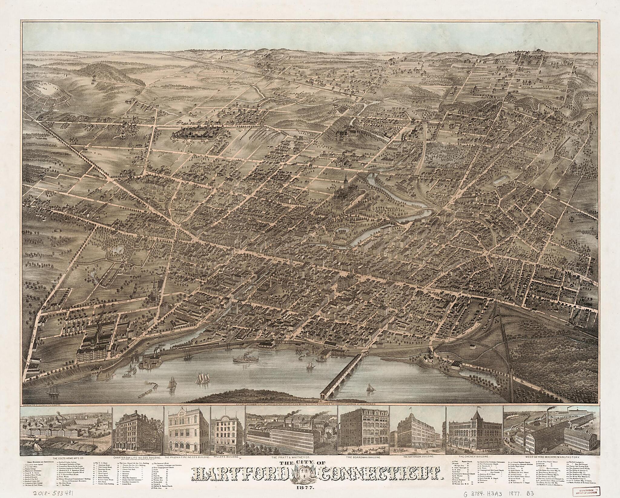 This old map of The City of Hartford, Connecticut from 1877 was created by O. H. (Oakley Hoopes) Bailey,  Connecticut State Library, J. L. Galt,  O.H. Bailey &amp; Co in 1877